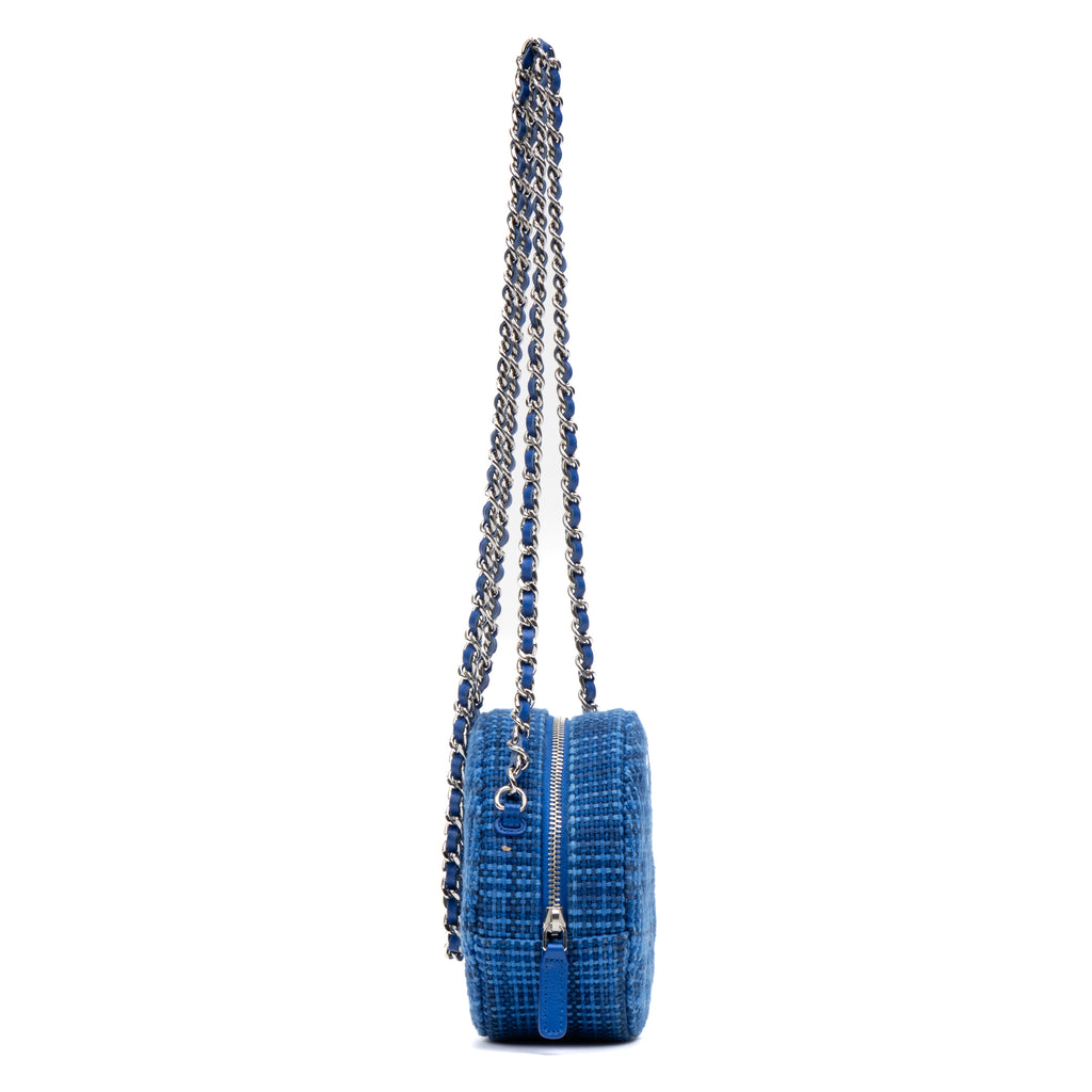 Shoulder Bag Round Chain Clutch Crossbody Mini Blue Tweed Quilted Canvas