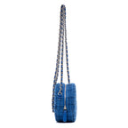 Shoulder Bag Round Chain Clutch Crossbody Mini Blue Tweed Quilted Canvas