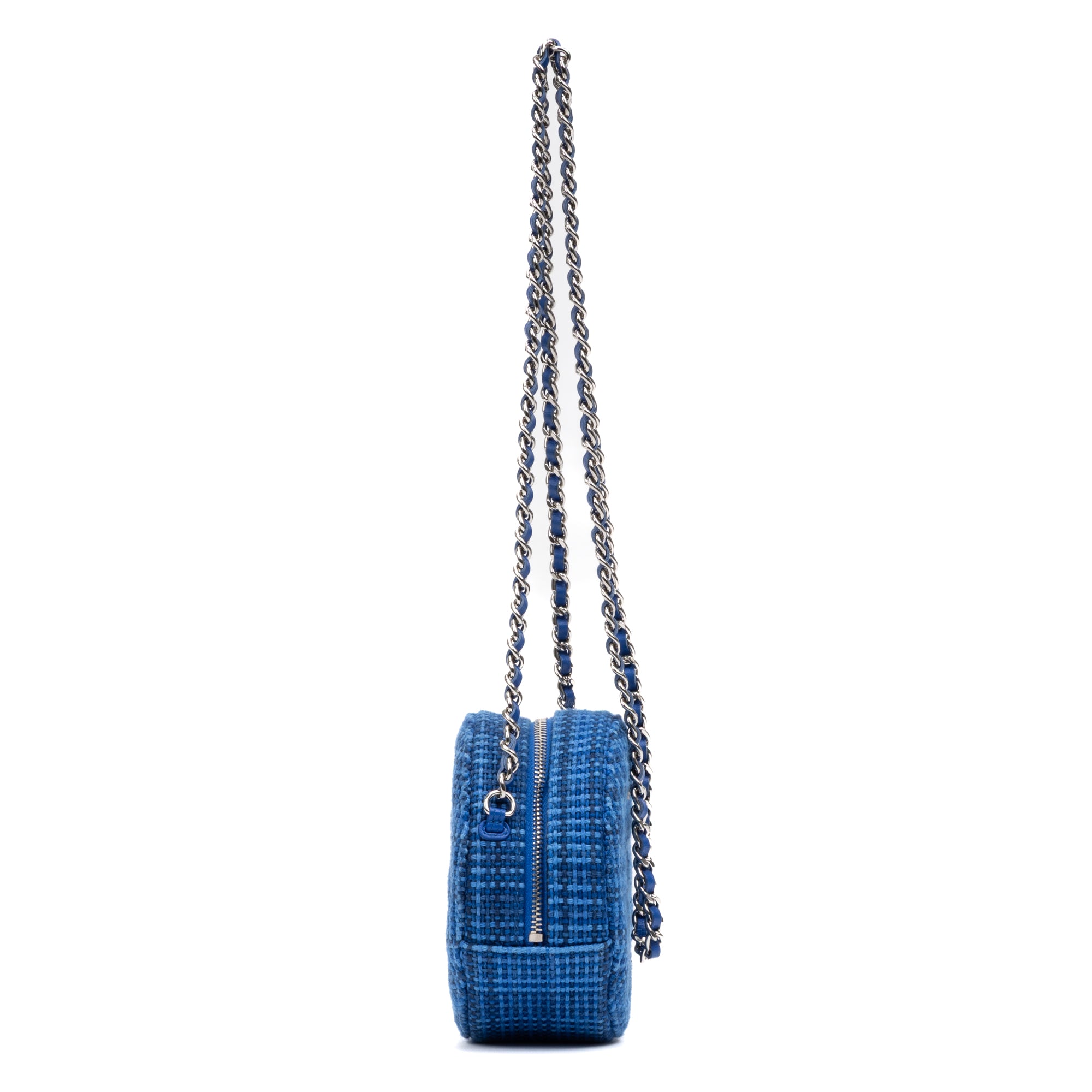 Shoulder Bag Round Chain Clutch Crossbody Mini Blue Tweed Quilted Canvas