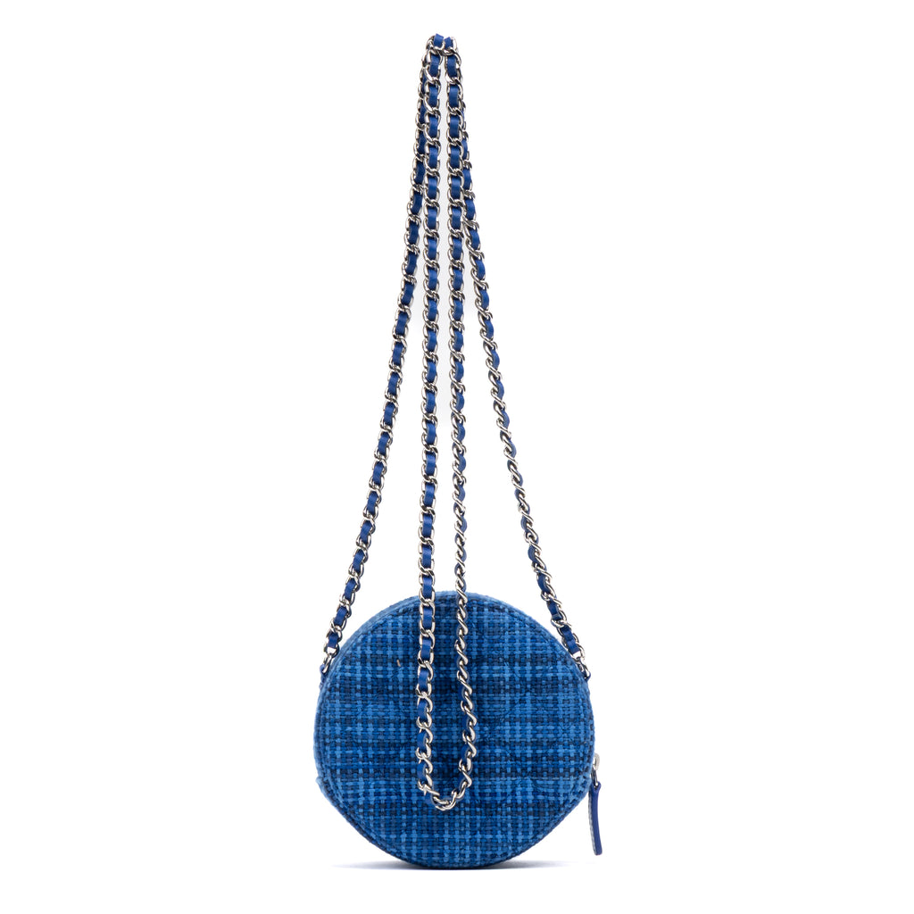 Shoulder Bag Round Chain Clutch Crossbody Mini Blue Tweed Quilted Canvas