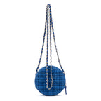 Shoulder Bag Round Chain Clutch Crossbody Mini Blue Tweed Quilted Canvas