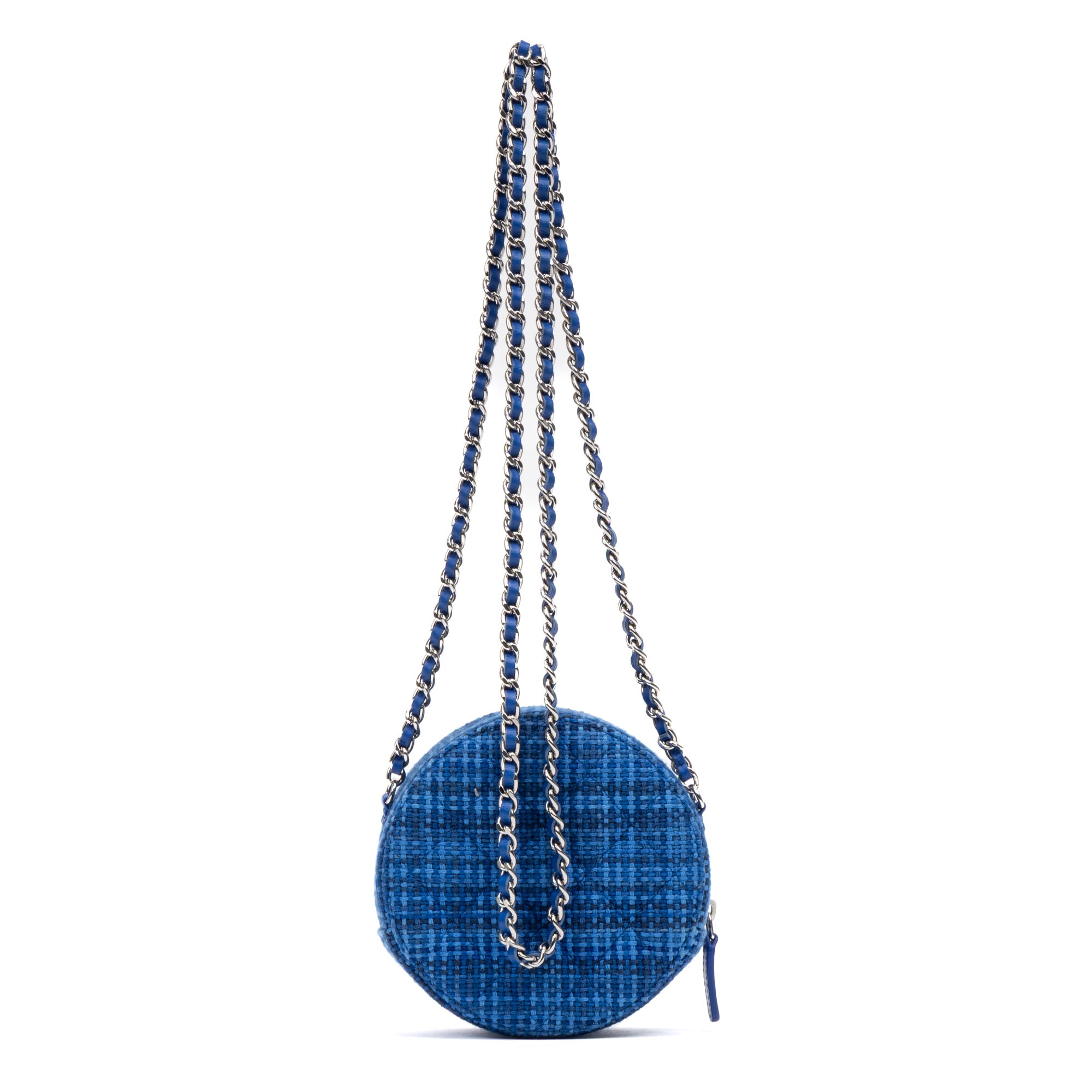 Shoulder Bag Round Chain Clutch Crossbody Mini Blue Tweed Quilted Canvas