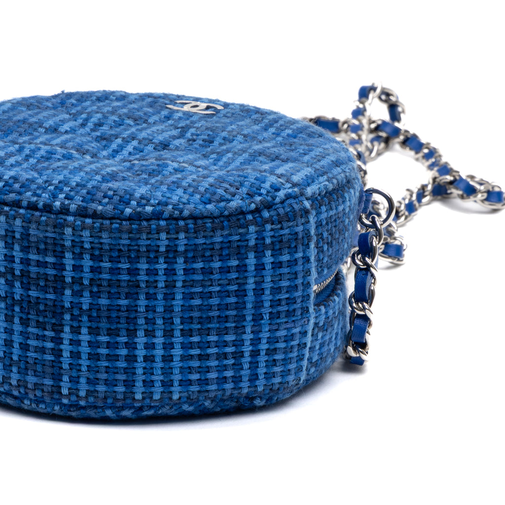 Shoulder Bag Round Chain Clutch Crossbody Mini Blue Tweed Quilted Canvas
