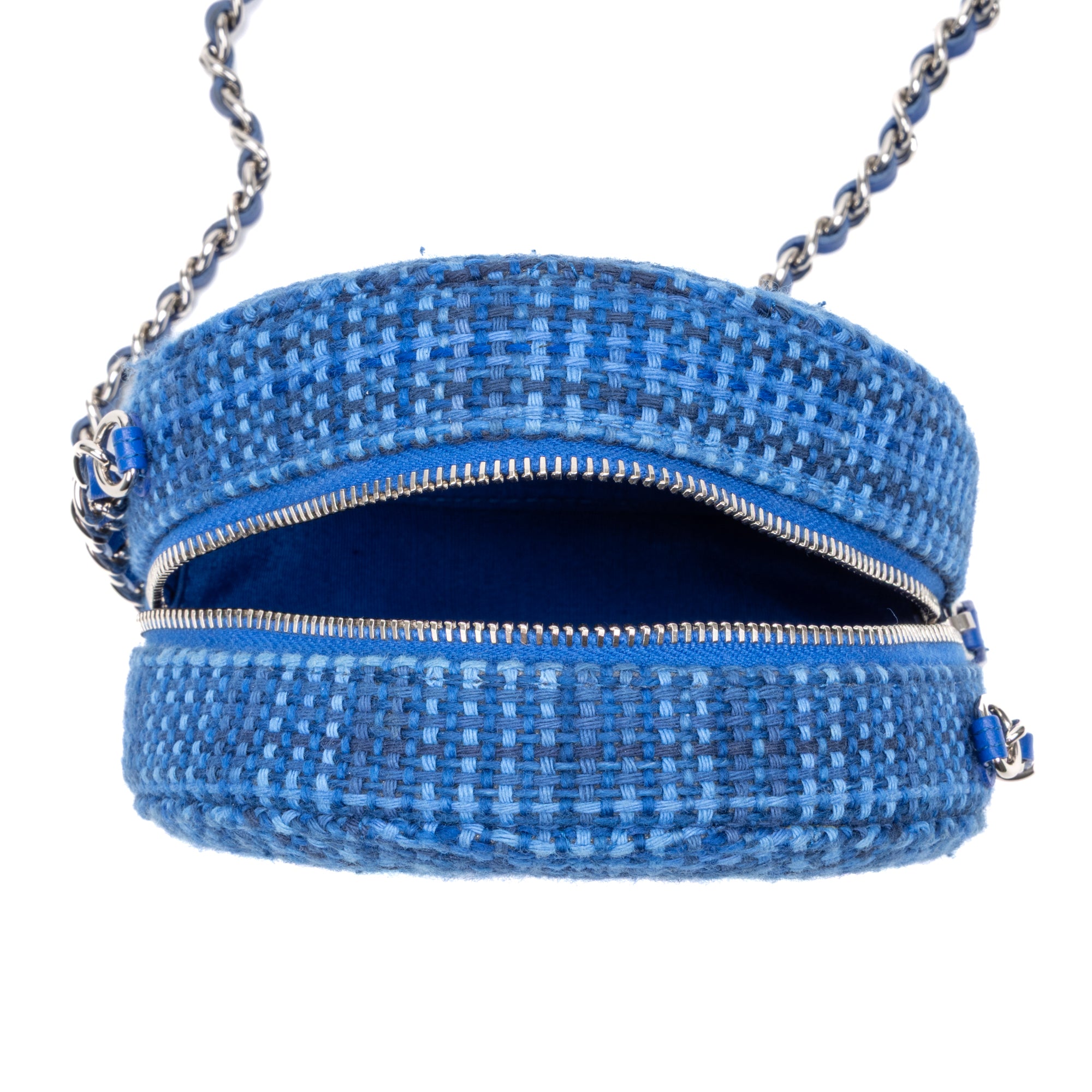 Shoulder Bag Round Chain Clutch Crossbody Mini Blue Tweed Quilted Canvas