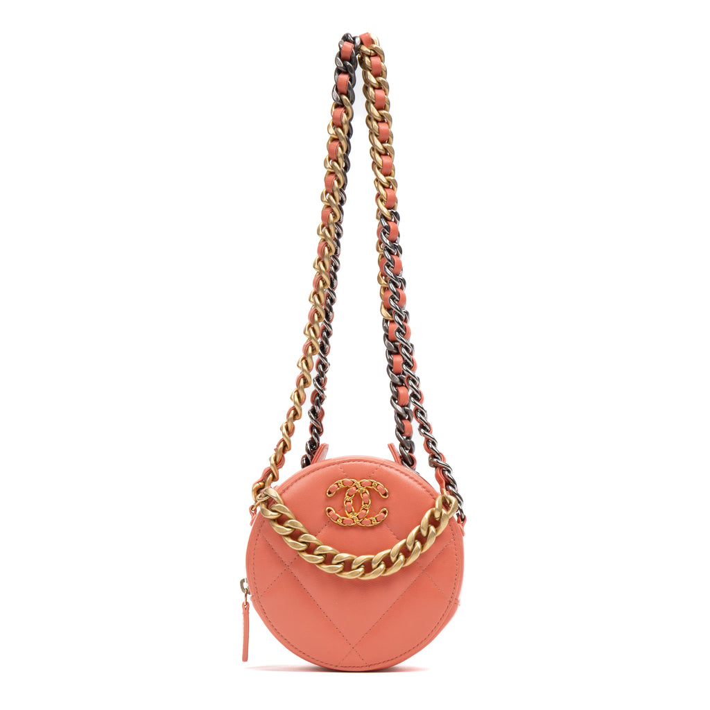 Shoulder Bag 19 Round Chain Clutch Crossbody Mini Pink Peach Lambskin Quilted Leather