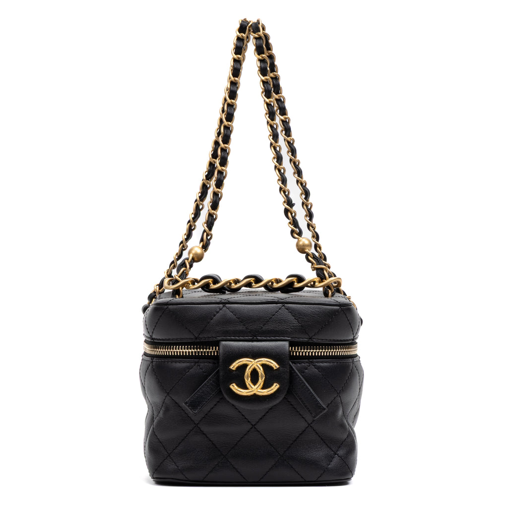 Shoulder Bag Chain Bar Vanity Case Small Black Quilted Lambskin