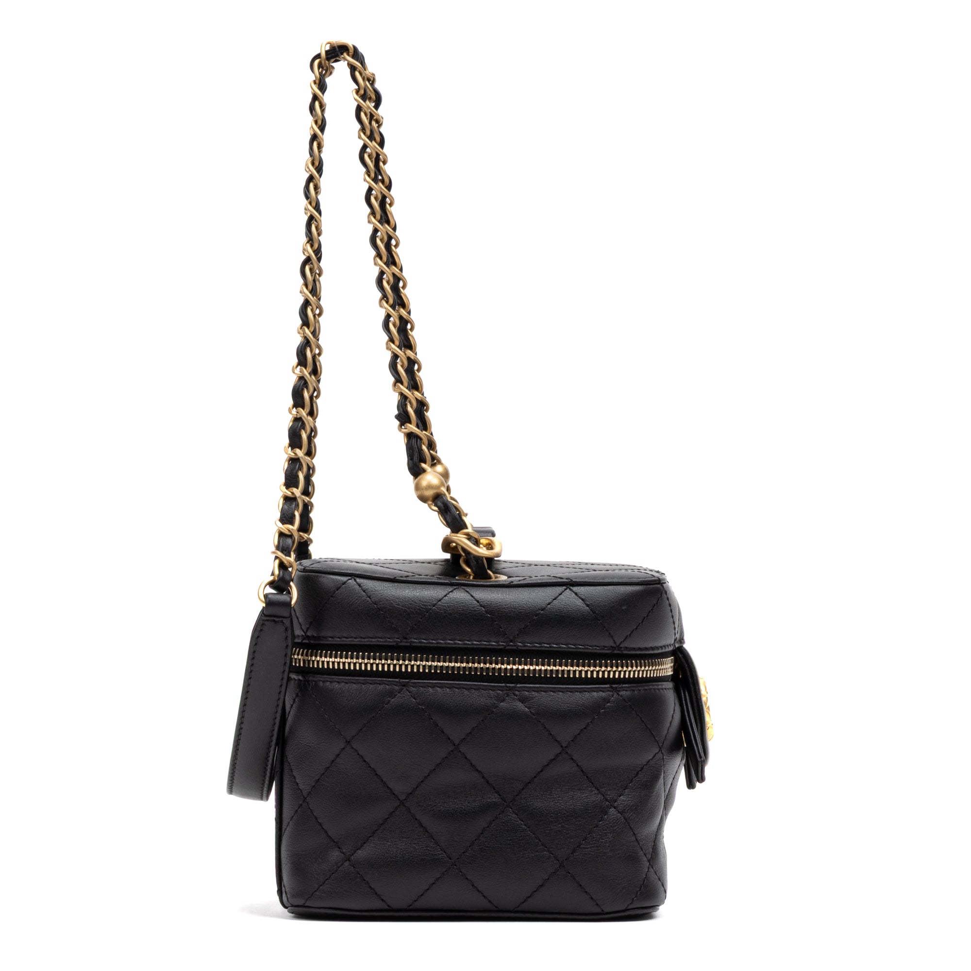 Shoulder Bag Chain Bar Vanity Case Small Black Quilted Lambskin