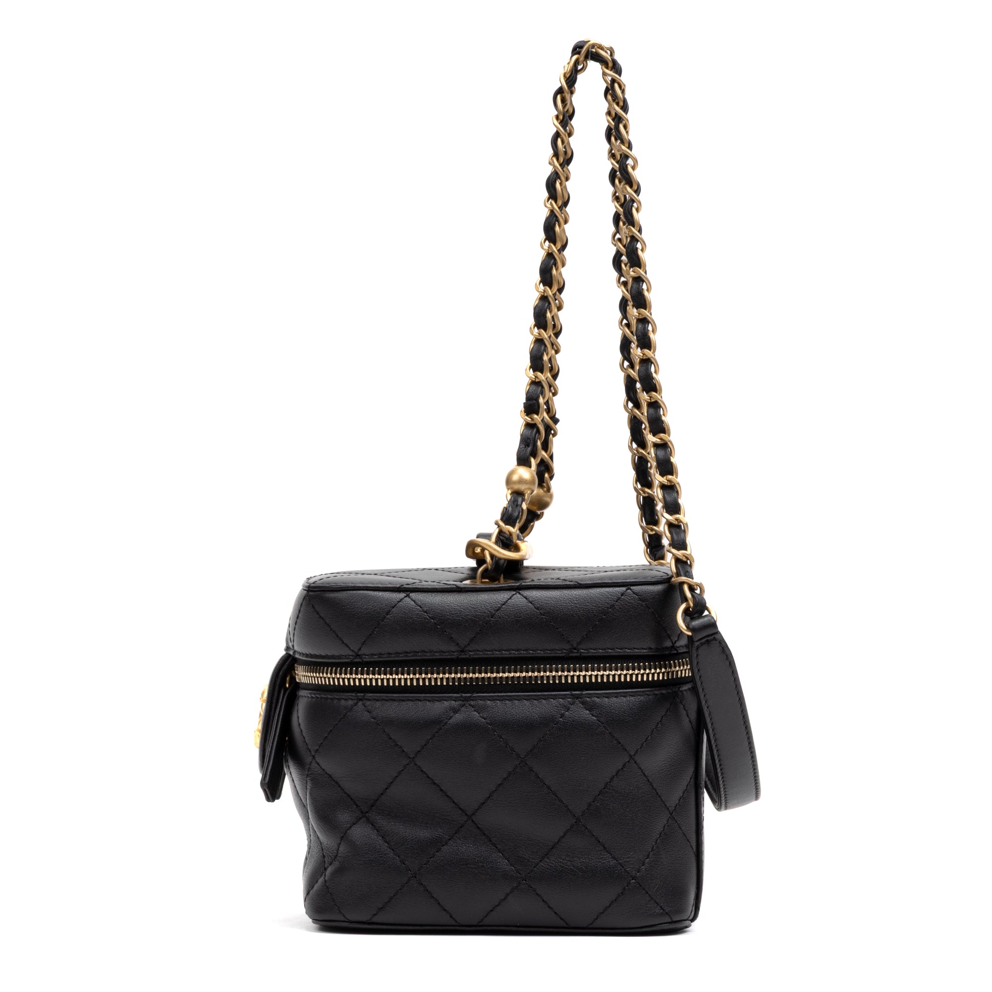 Shoulder Bag Chain Bar Vanity Case Small Black Quilted Lambskin