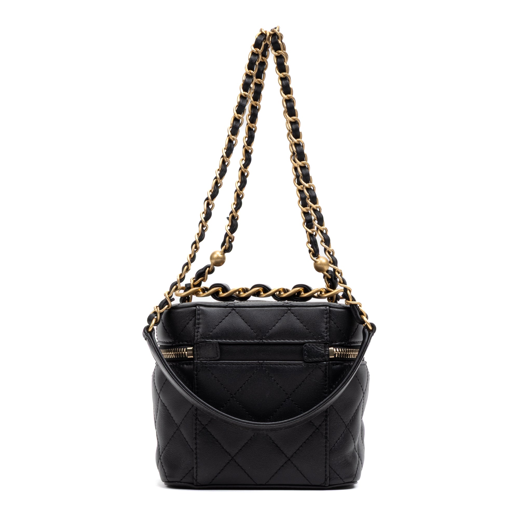 Shoulder Bag Chain Bar Vanity Case Small Black Quilted Lambskin