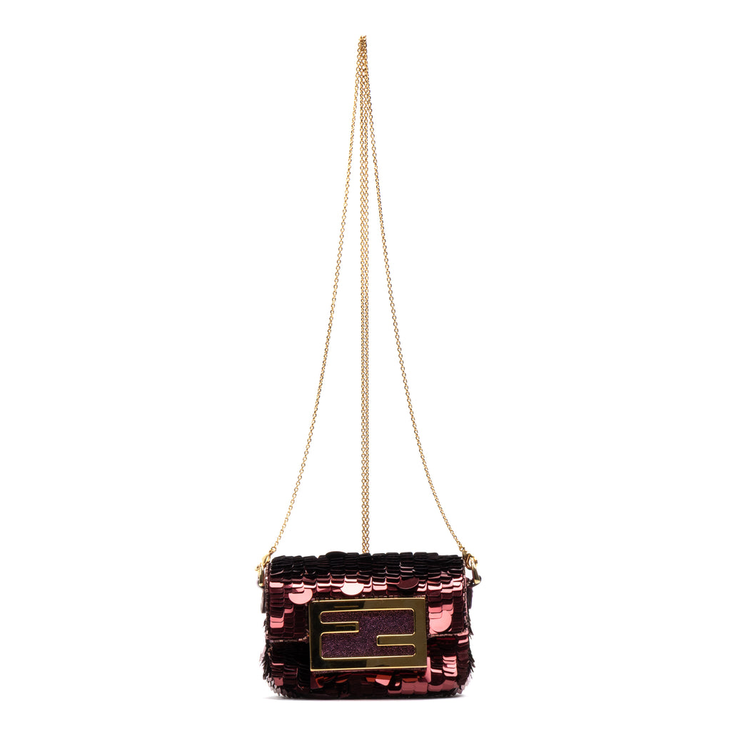 Shoulder Bag Chain Baguette Charm Bag Nano Maroon Sequins Canvas