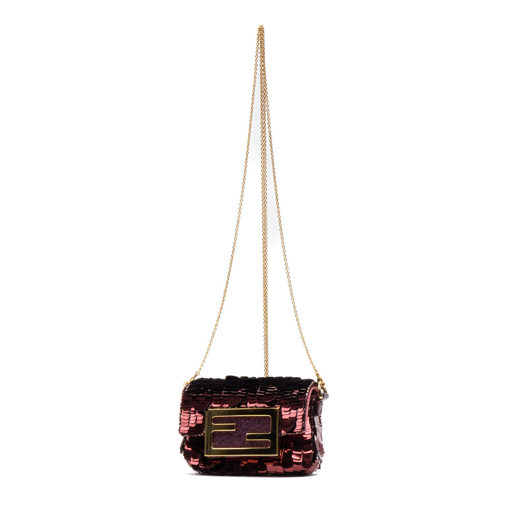 Shoulder Bag Chain Baguette Charm Bag Nano Maroon Sequins Canvas