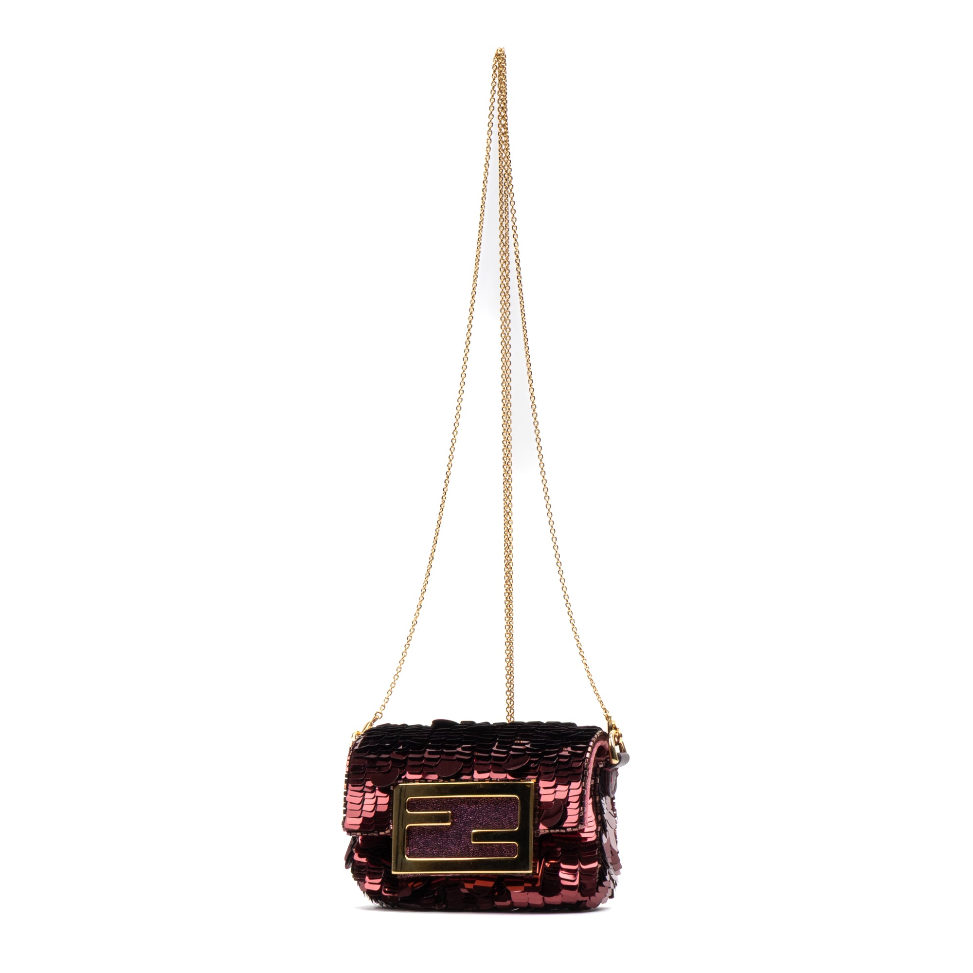 Shoulder Bag Chain Baguette Charm Bag Nano Maroon Sequins Canvas