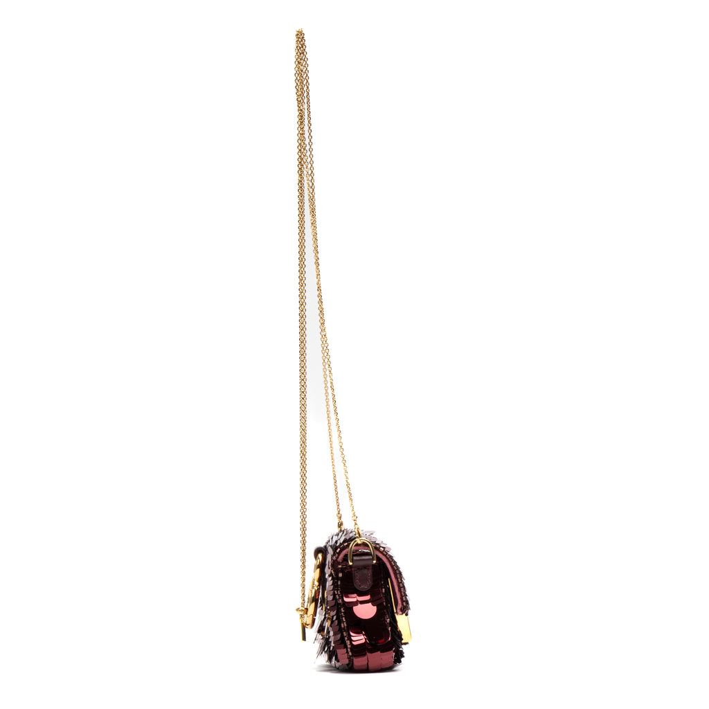 Shoulder Bag Chain Baguette Charm Bag Nano Maroon Sequins Canvas