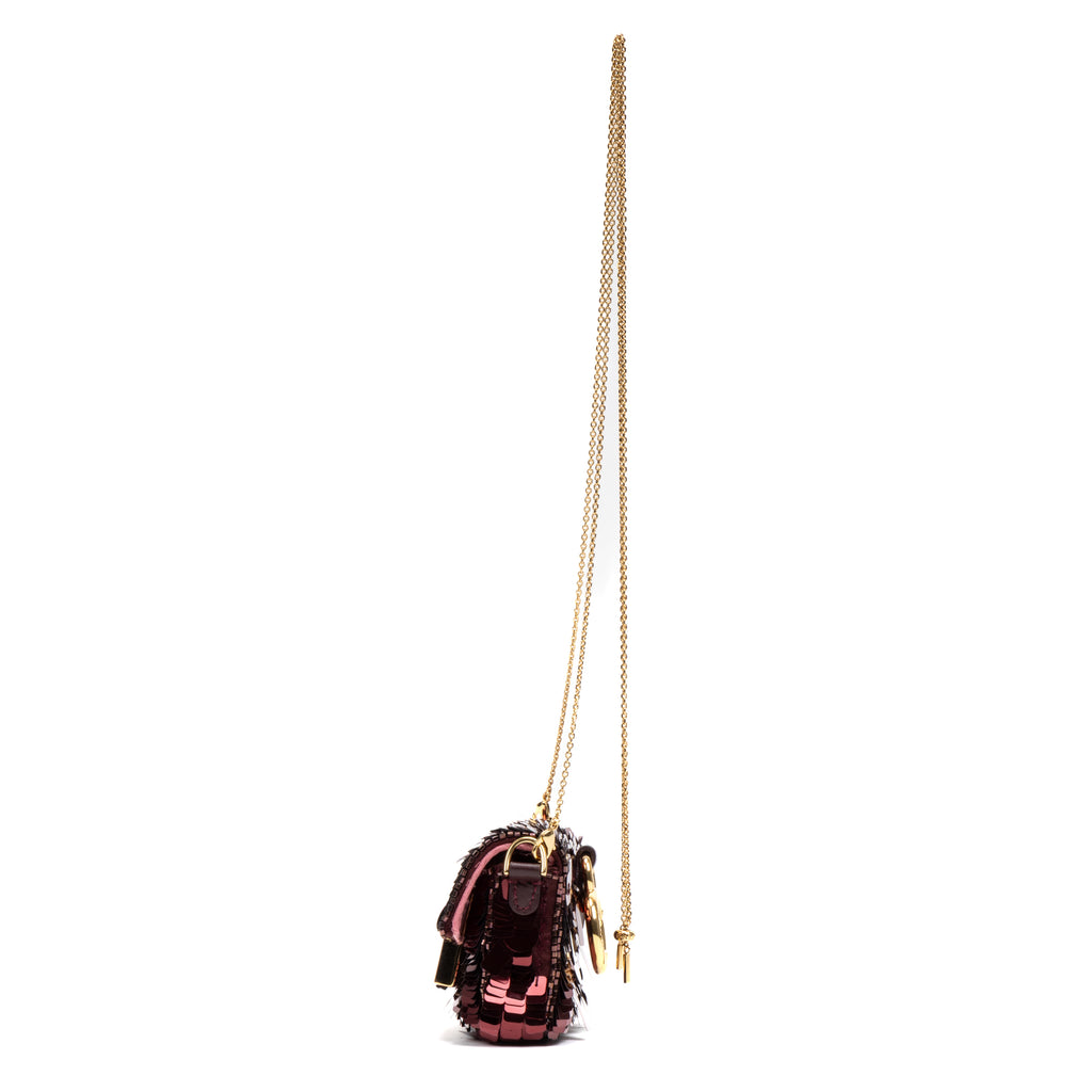 Shoulder Bag Chain Baguette Charm Bag Nano Maroon Sequins Canvas