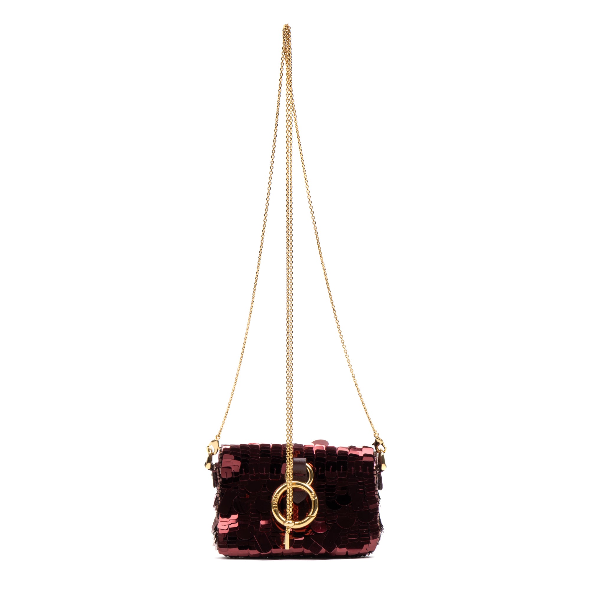 Shoulder Bag Chain Baguette Charm Bag Nano Maroon Sequins Canvas