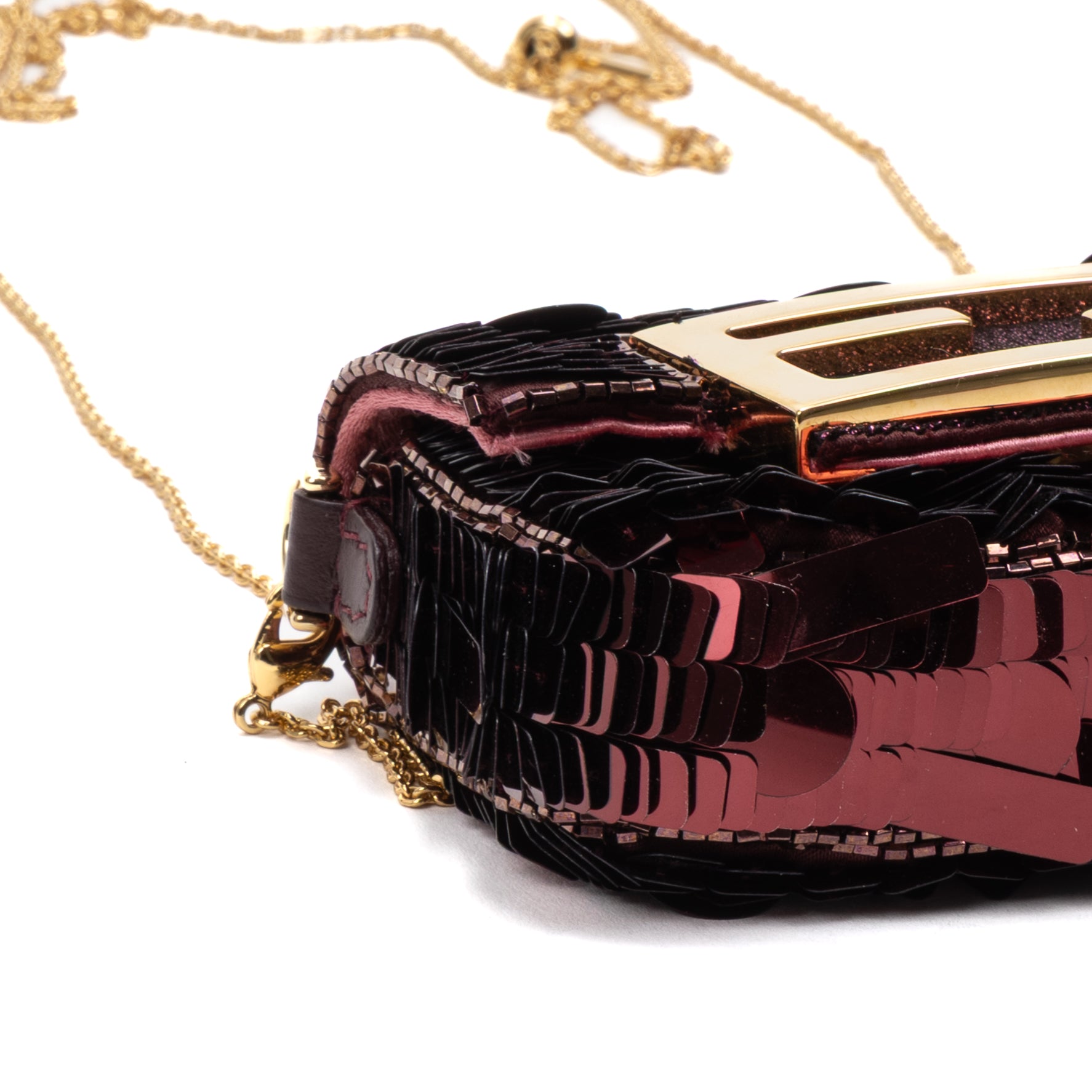 Shoulder Bag Chain Baguette Charm Bag Nano Maroon Sequins Canvas