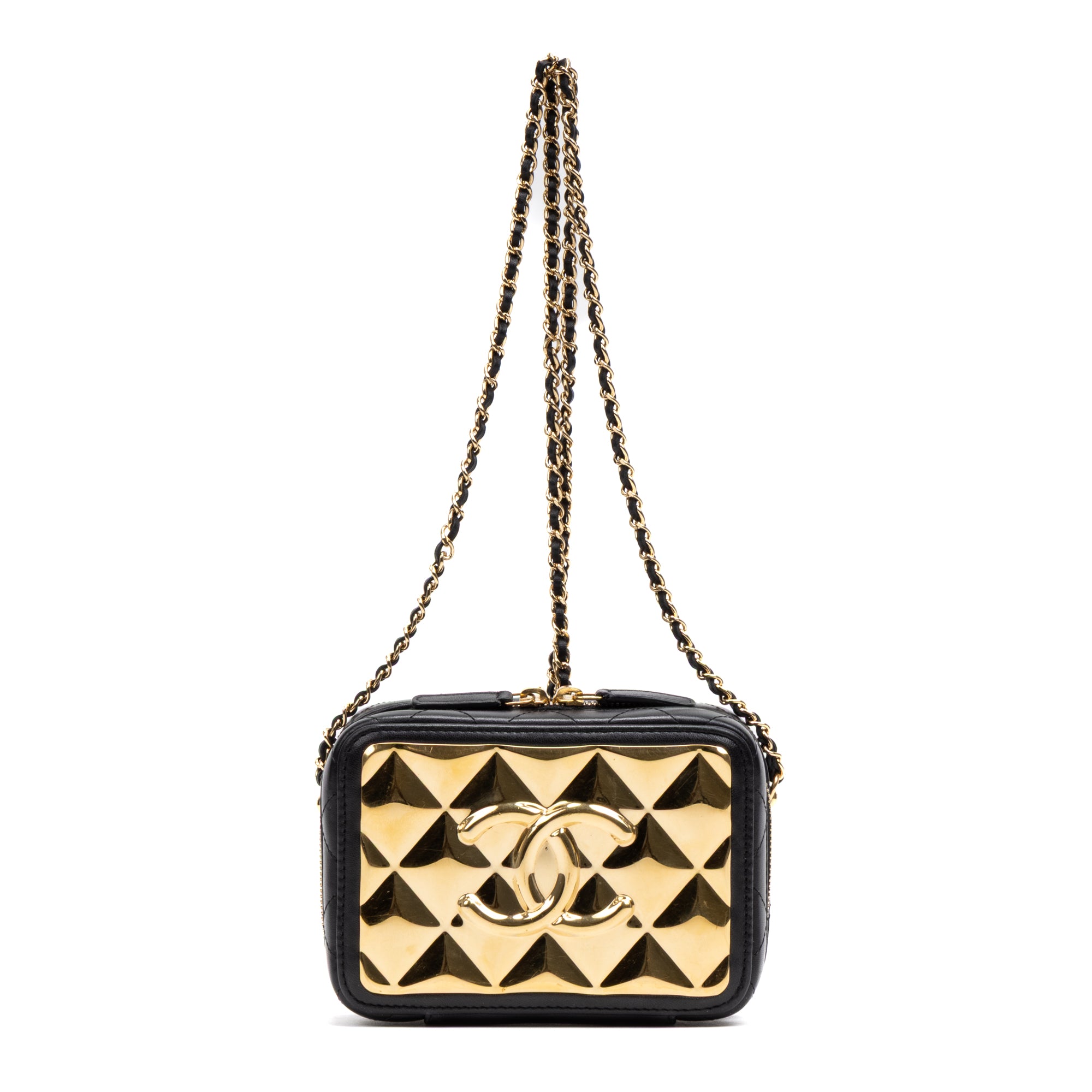 Shoulder Bag Vanity Case Small Gold Quilted Lambskin with Metal