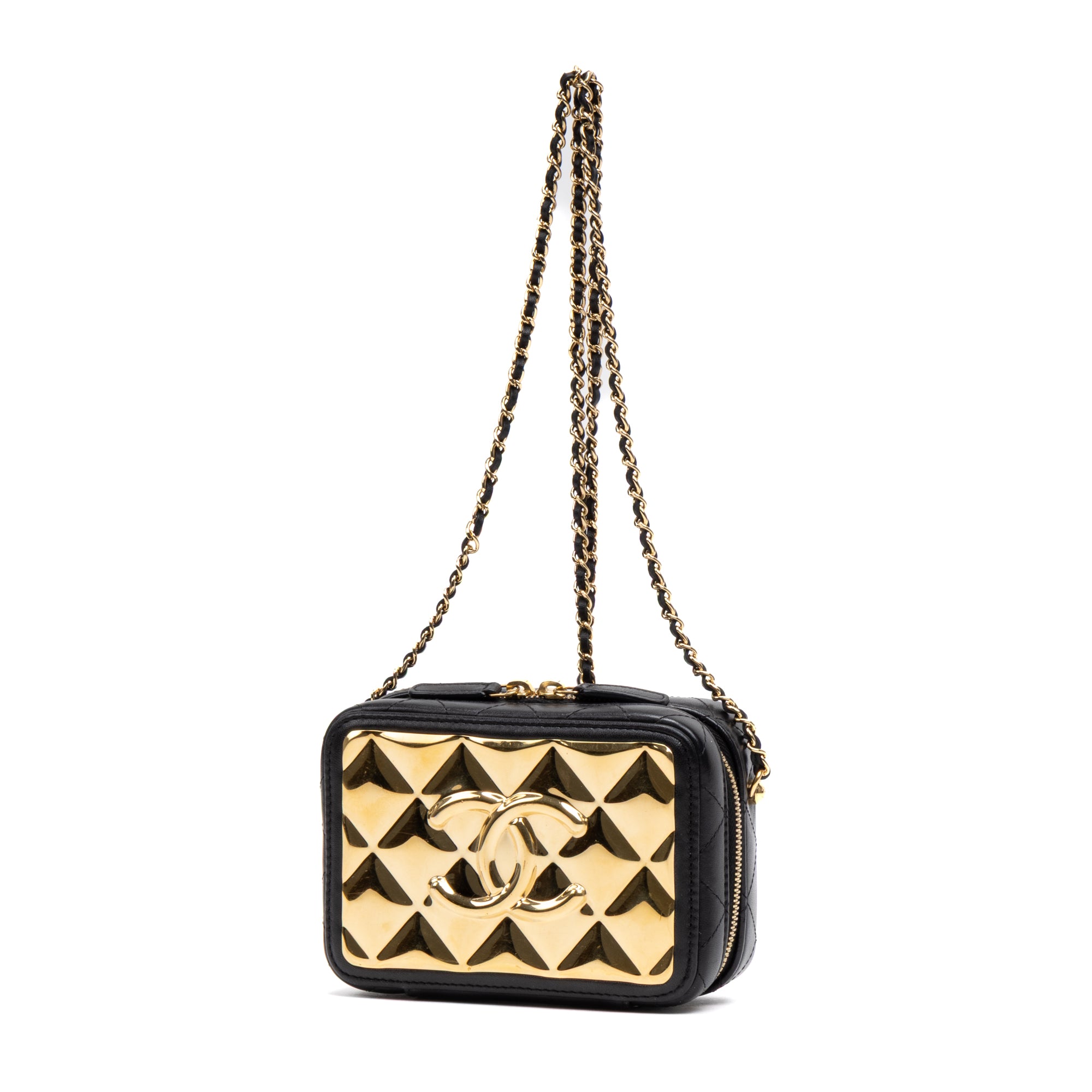 Shoulder Bag Vanity Case Small Gold Quilted Lambskin with Metal
