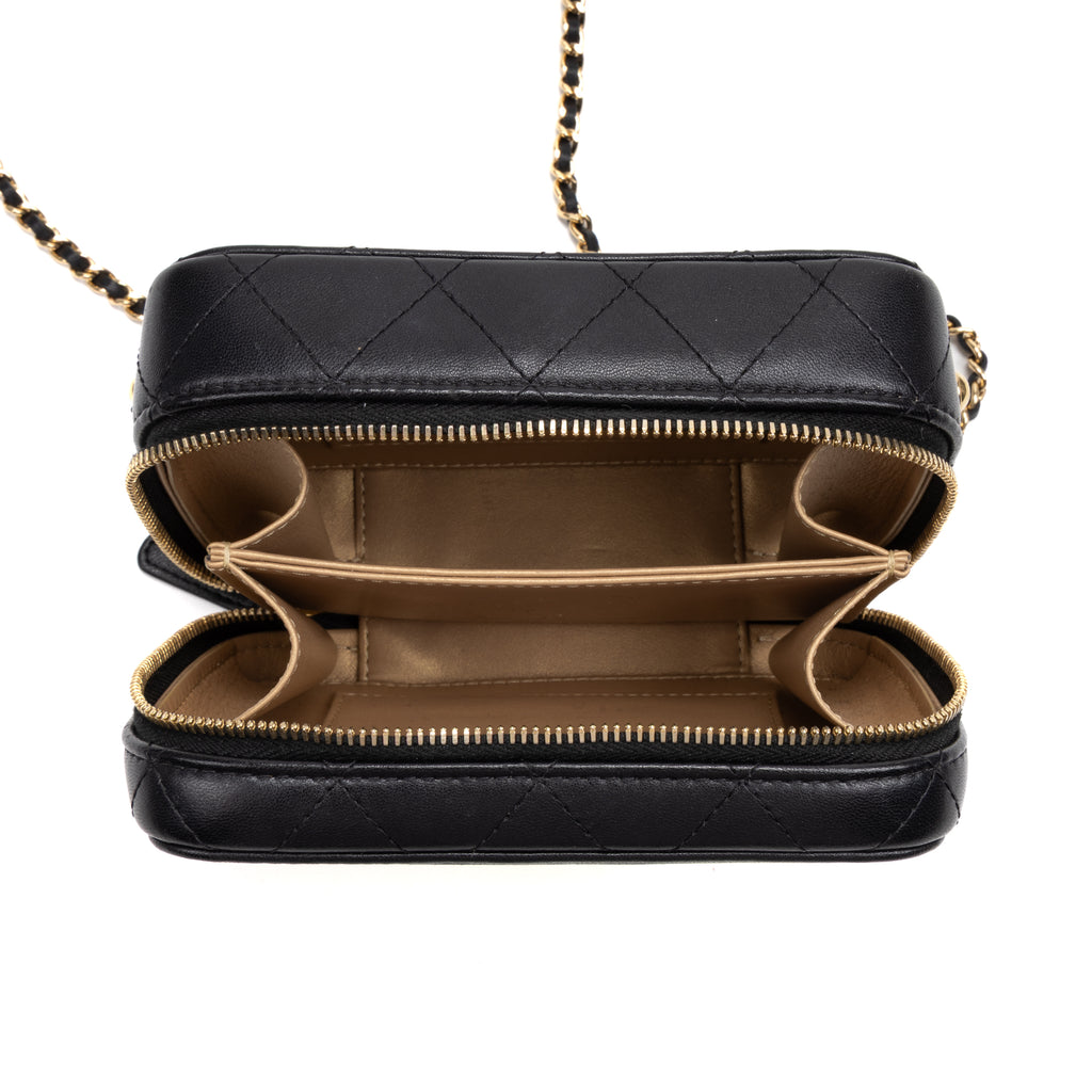 Shoulder Bag Vanity Case Small Gold Quilted Lambskin with Metal