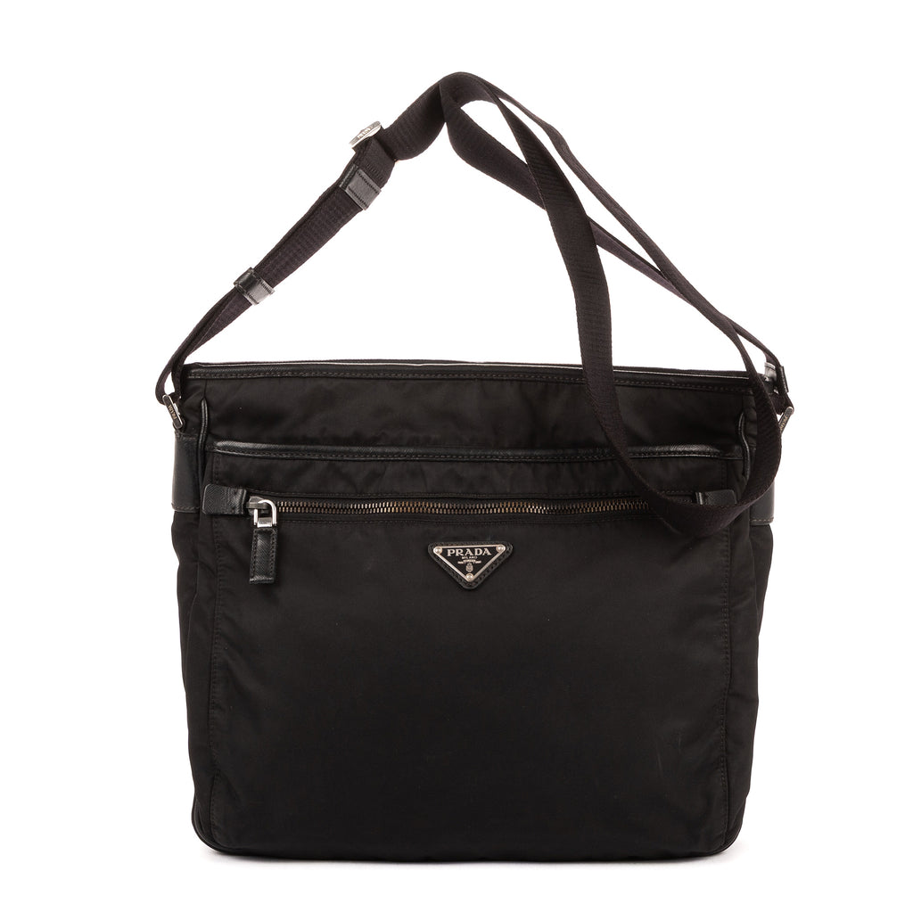 Bolso de Hombro Bandolera Nylon Tessuto Negro con Piel Saffiano