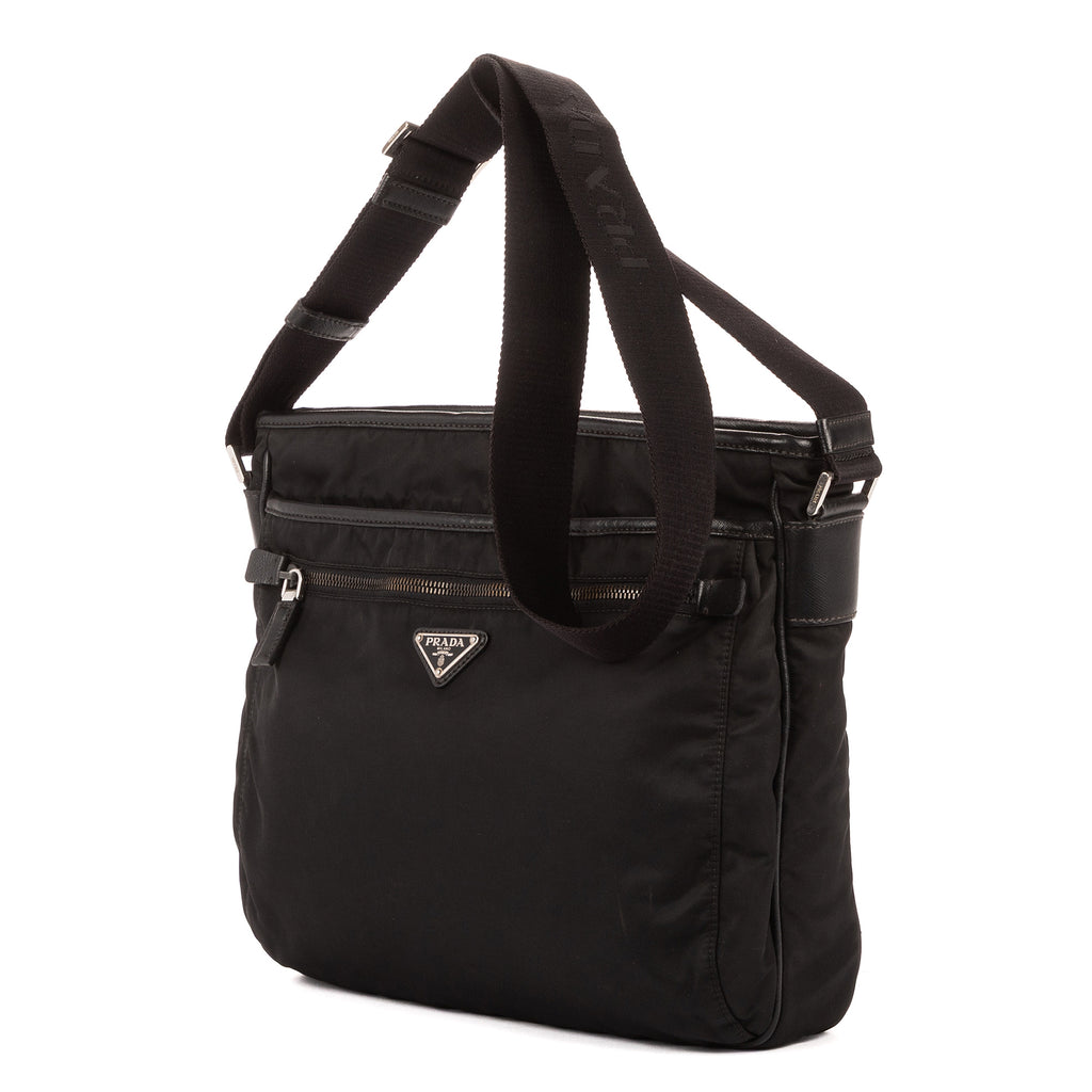 Bolso de Hombro Bandolera Nylon Tessuto Negro con Piel Saffiano