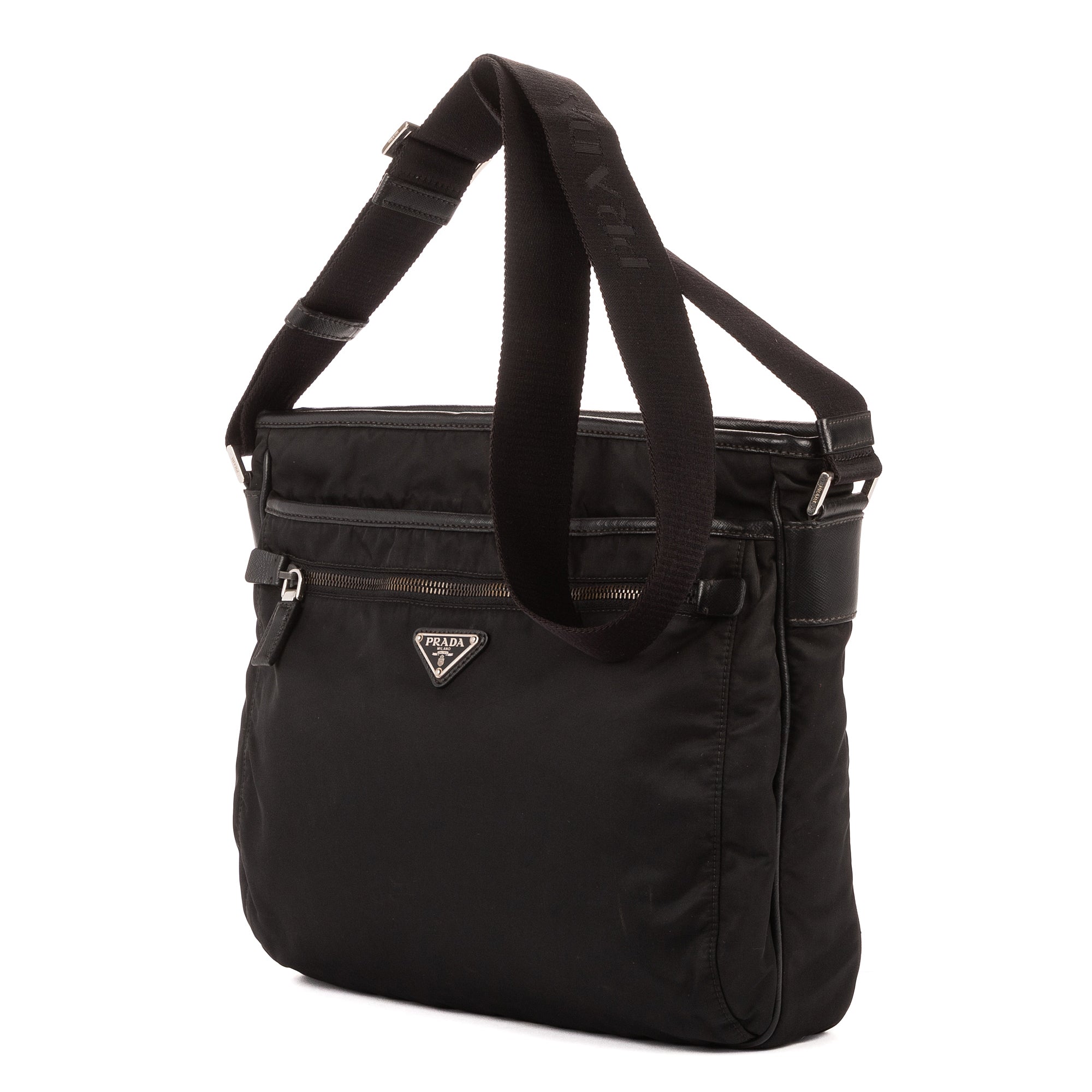 Bolso de Hombro Bandolera Nylon Tessuto Negro con Piel Saffiano