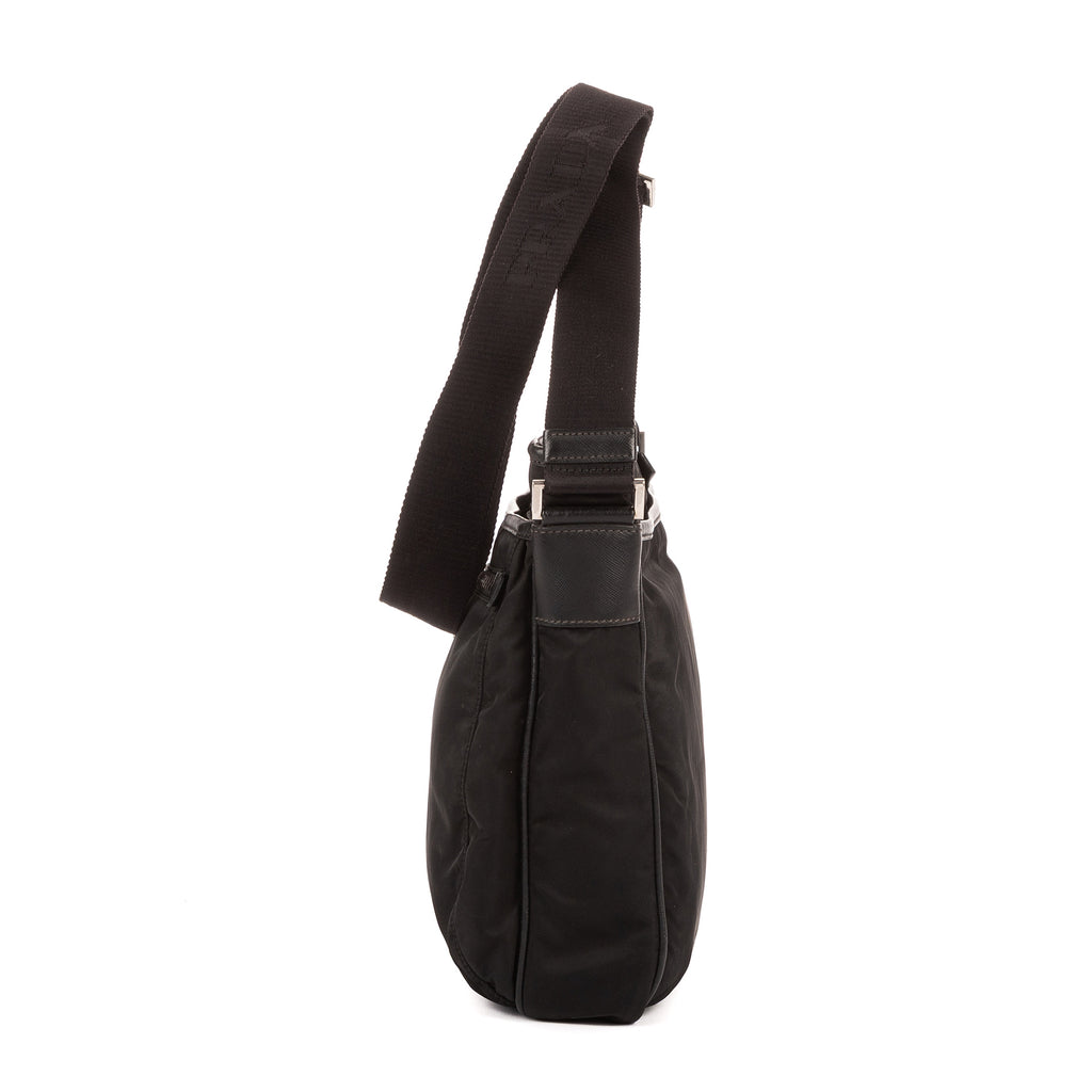 Bolso de Hombro Bandolera Nylon Tessuto Negro con Piel Saffiano
