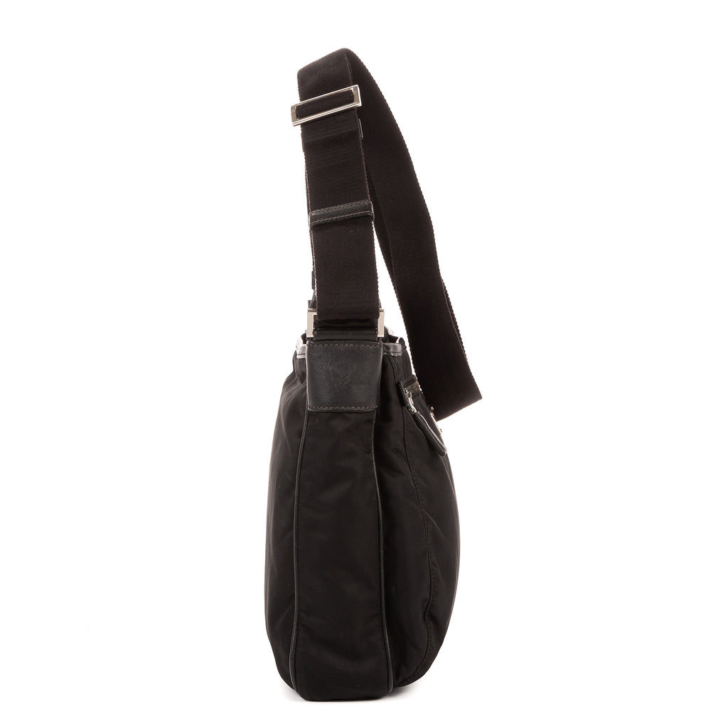 Bolso de Hombro Bandolera Nylon Tessuto Negro con Piel Saffiano