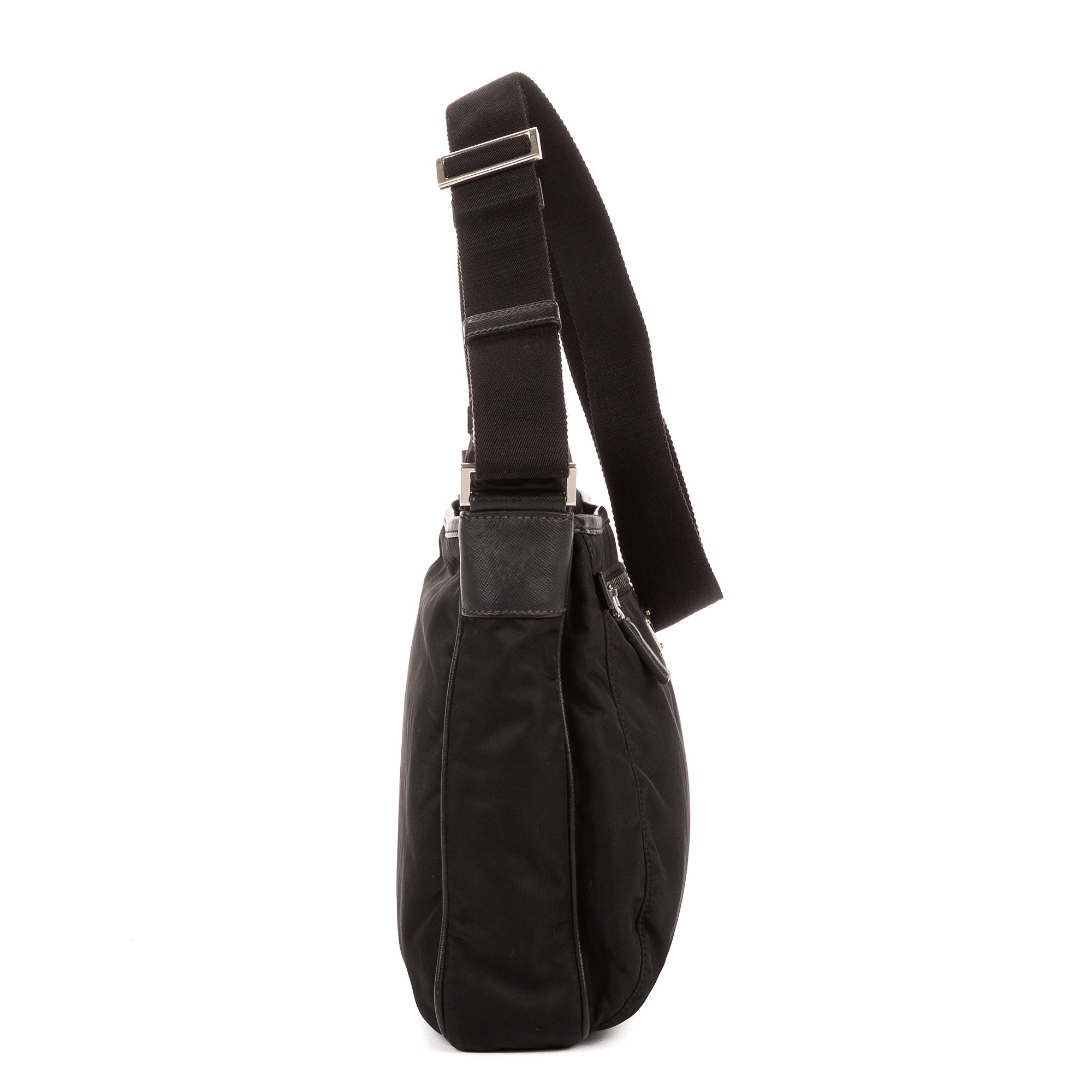Bolso de Hombro Bandolera Nylon Tessuto Negro con Piel Saffiano