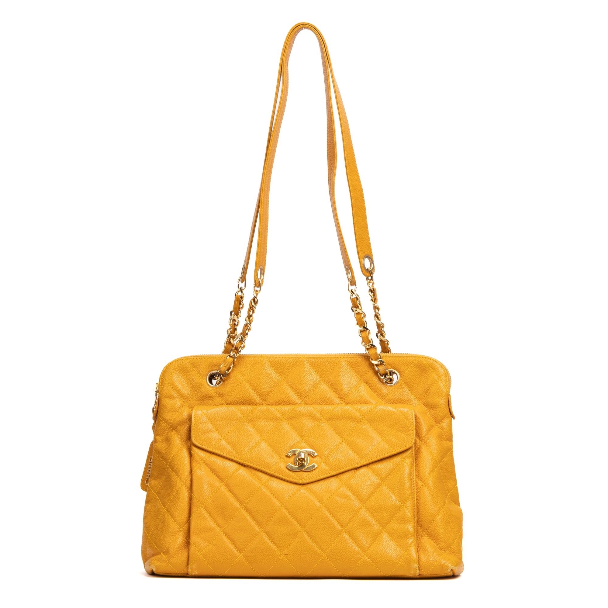 Shoulder Bag CC Logo Chain Tote Yellow Lambskin Quilted Leather