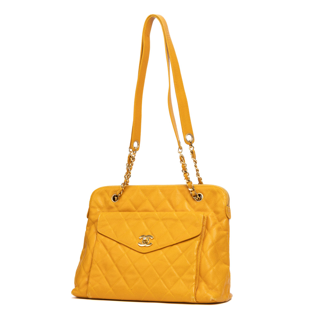 Shoulder Bag CC Logo Chain Tote Yellow Lambskin Quilted Leather