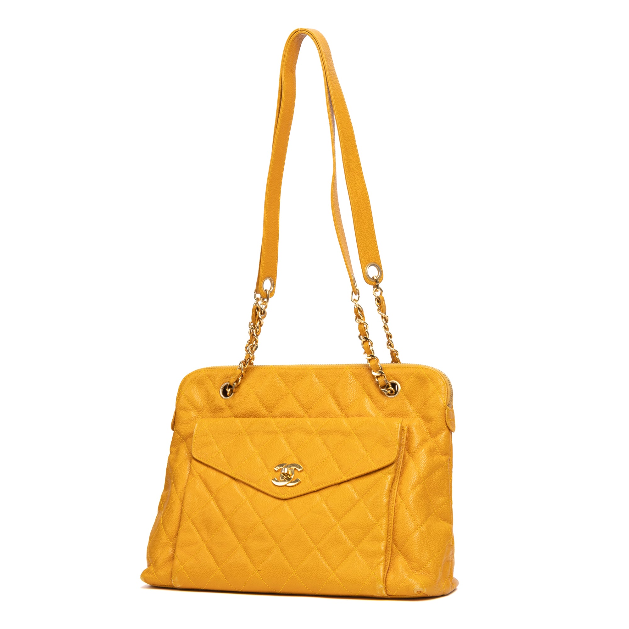 Shoulder Bag CC Logo Chain Tote Yellow Lambskin Quilted Leather