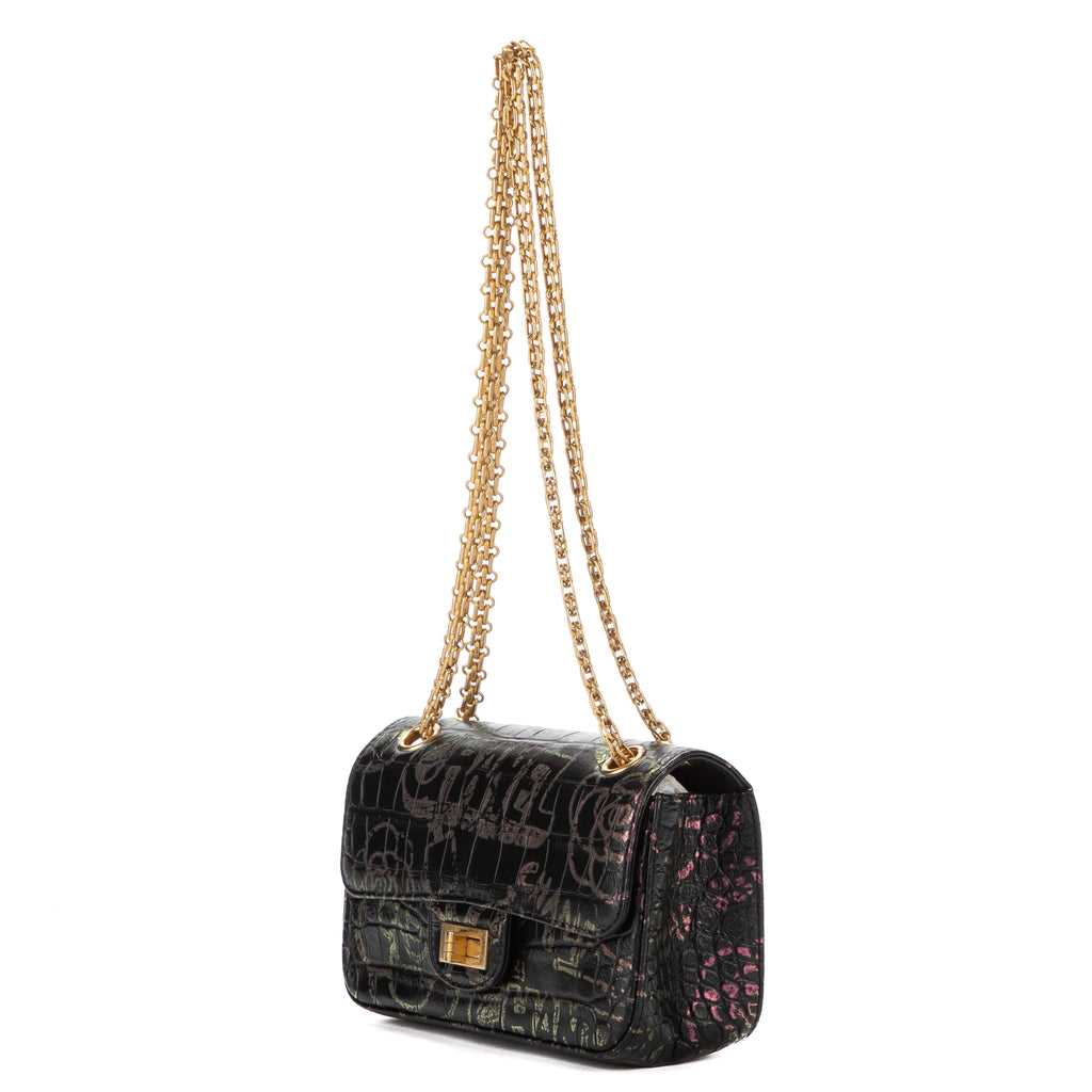Shoulder Bag Mini 2.55 Graffiti Mini Black Croc Embossed Leather