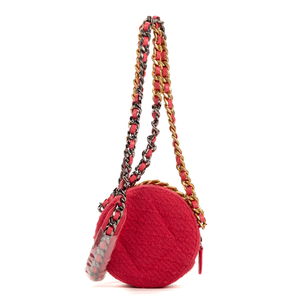 Bolso de Hombro Redondo Cadena Bandolera Tweed Rosa Acolchado Lona