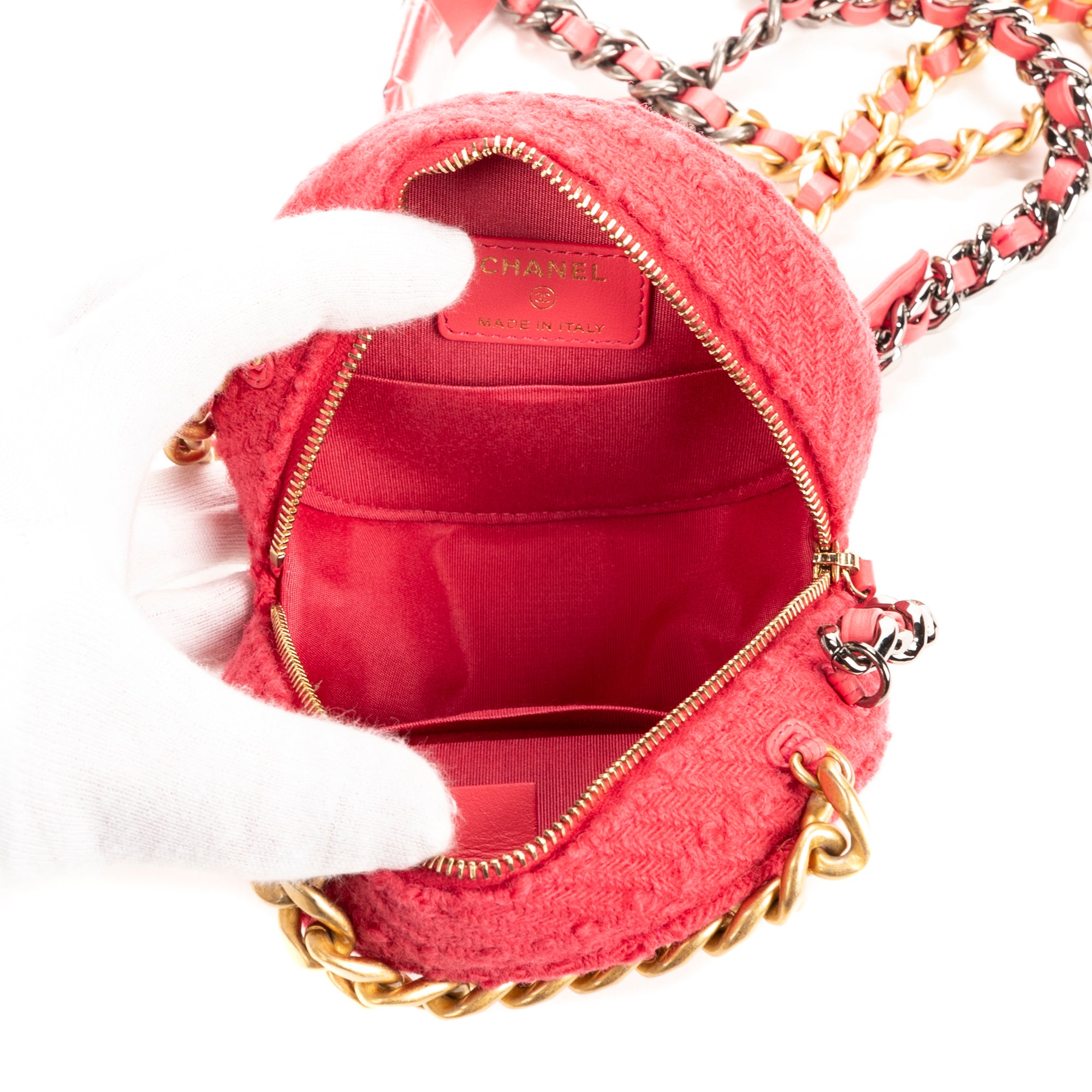 Bolso de Hombro Redondo Cadena Bandolera Tweed Rosa Acolchado Lona