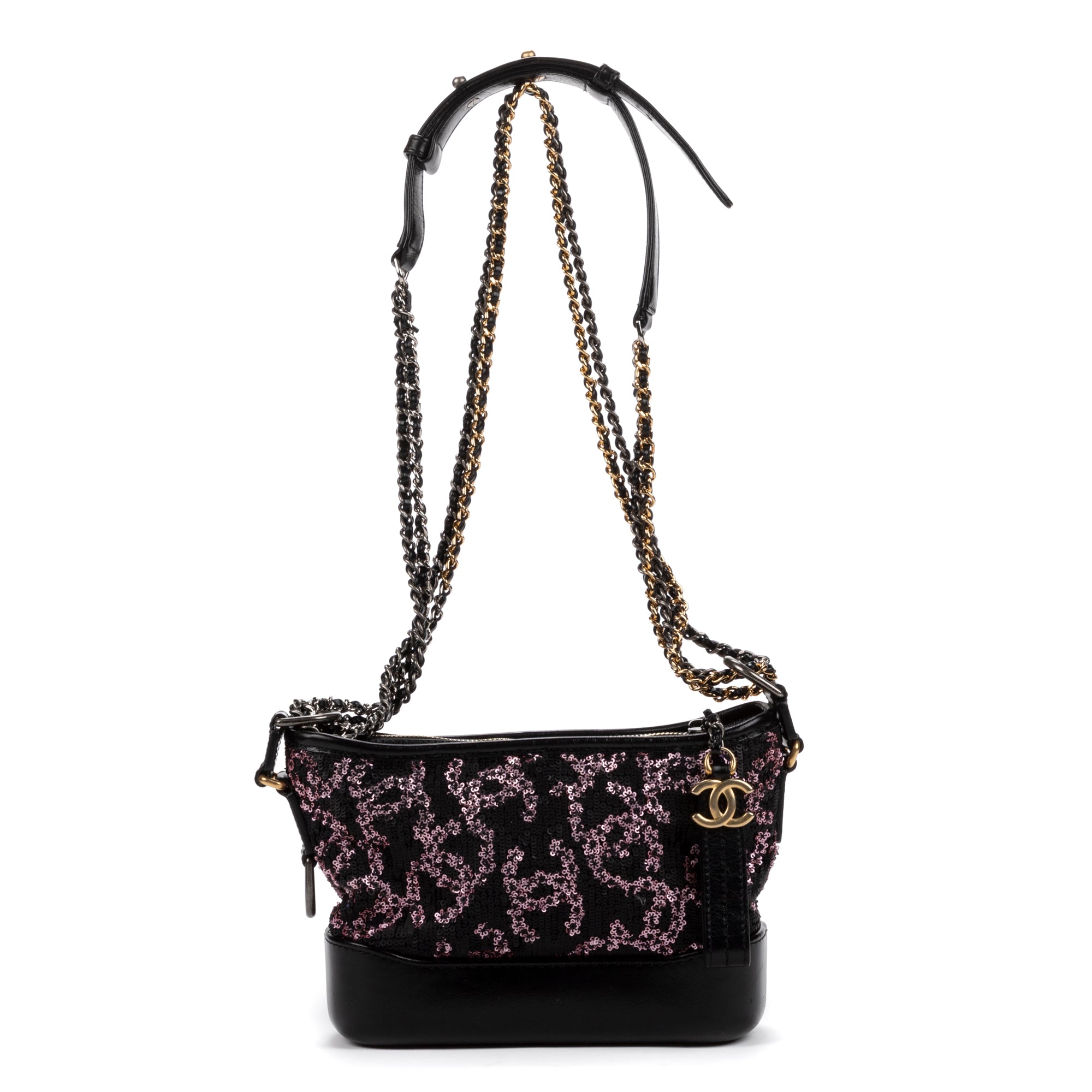 Sac bandoulière Gabrielle Paillettes Toile sequins noire/Cuir de veau