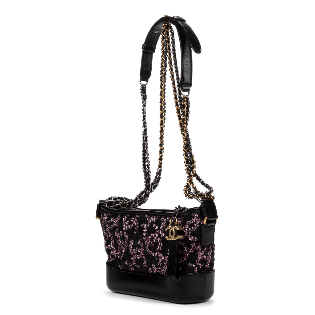 Sac bandoulière Gabrielle Paillettes Toile sequins noire/Cuir de veau