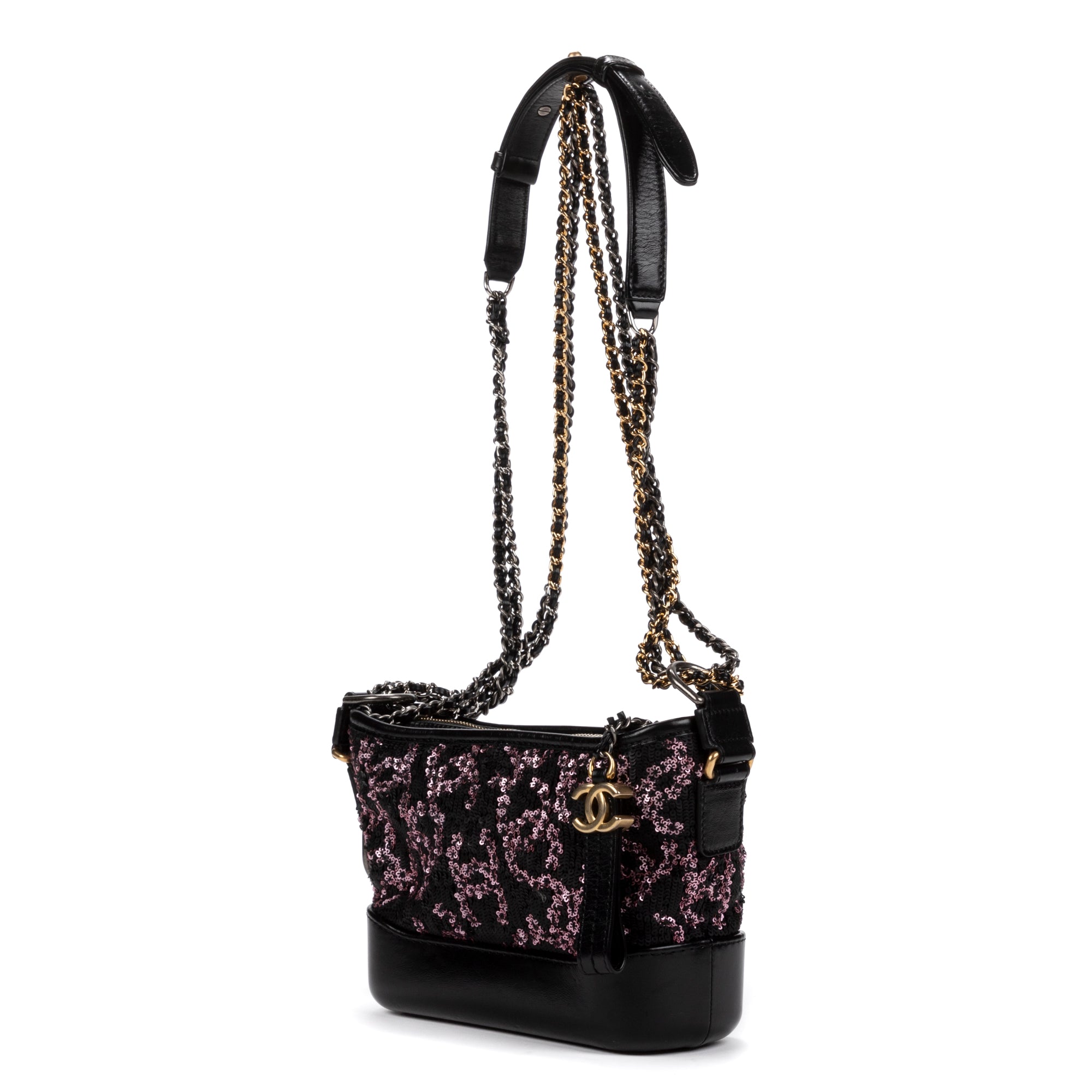 Sac bandoulière Gabrielle Paillettes Toile sequins noire/Cuir de veau