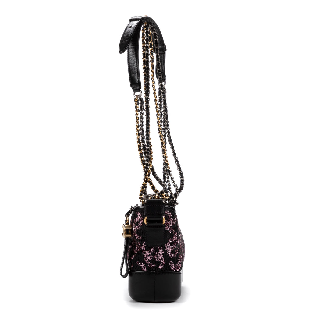 Sac bandoulière Gabrielle Paillettes Toile sequins noire/Cuir de veau