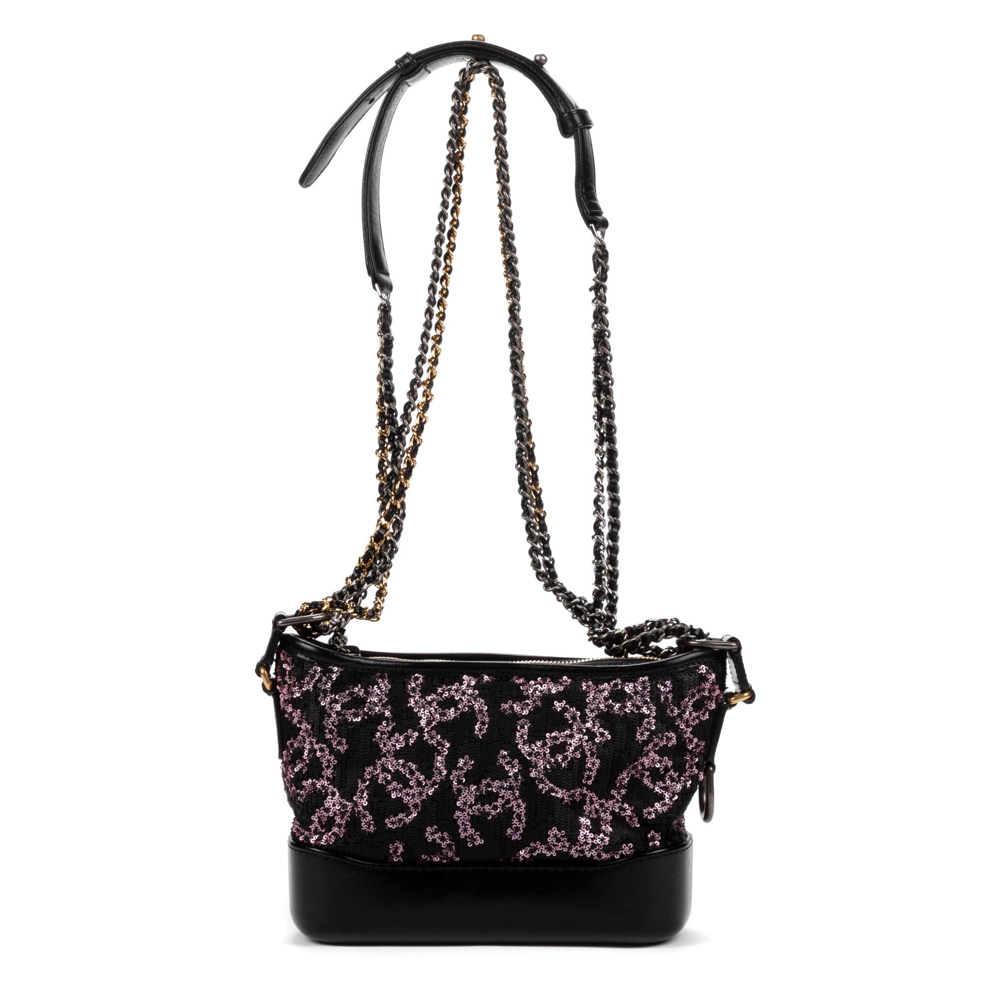 Sac bandoulière Gabrielle Paillettes Toile sequins noire/Cuir de veau