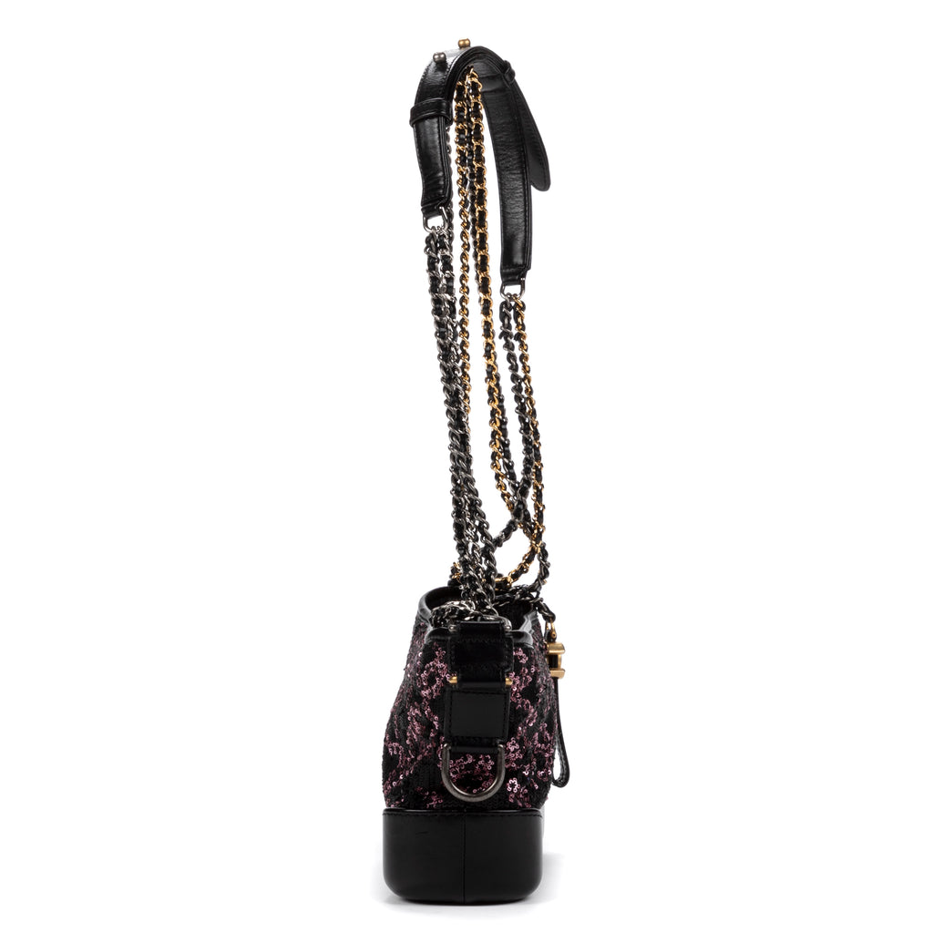 Sac bandoulière Gabrielle Paillettes Toile sequins noire/Cuir de veau