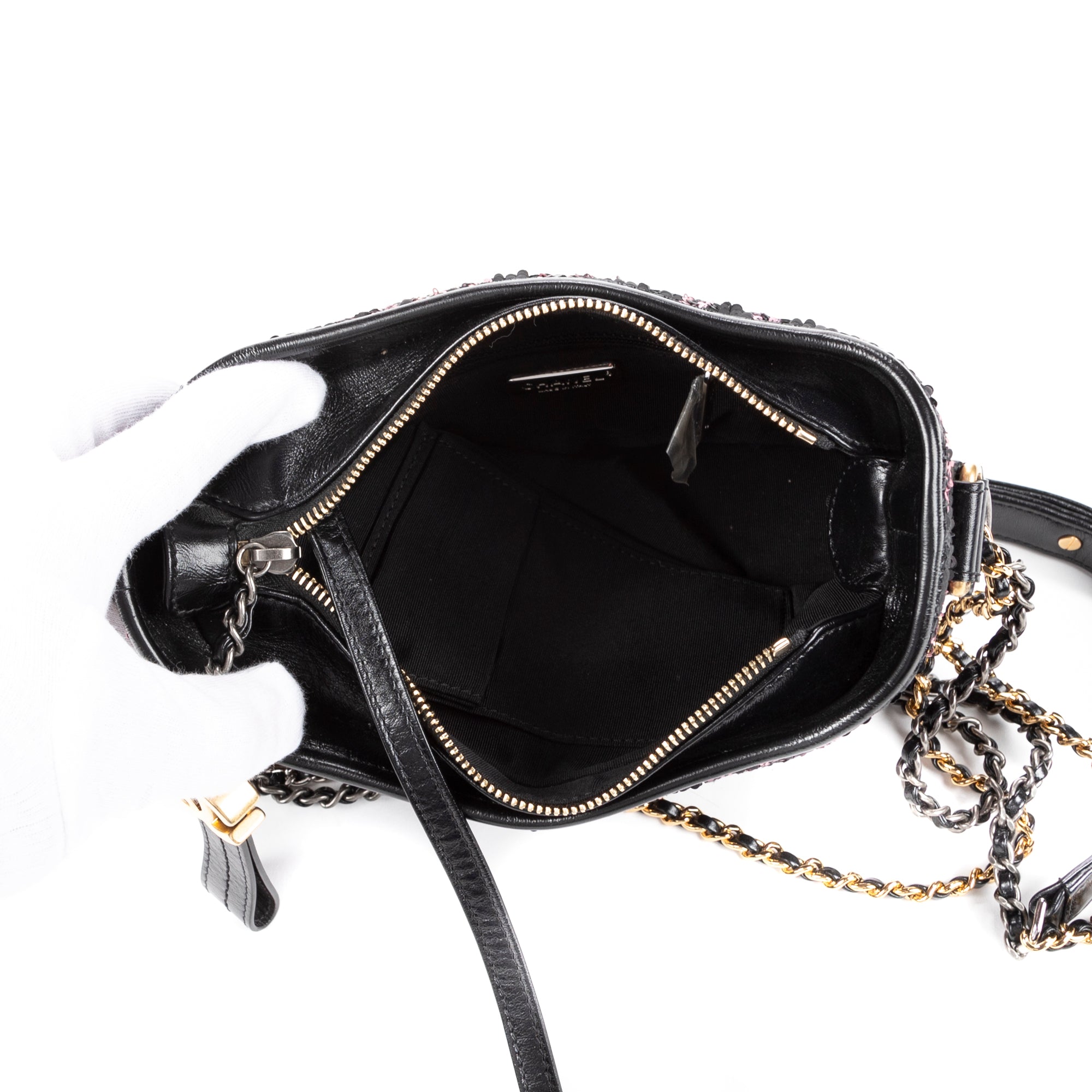 Sac bandoulière Gabrielle Paillettes Toile sequins noire/Cuir de veau