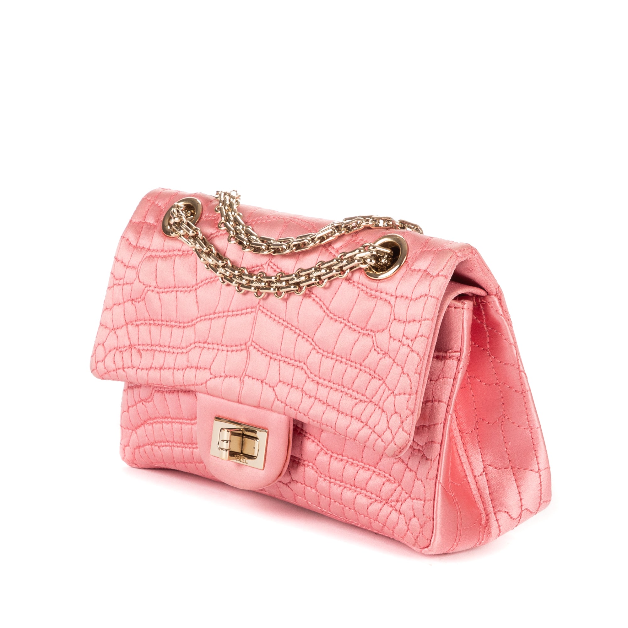 Shoulder Bag Reissue Mini Double Flap Crocodile Satin Pink Satin Croco Quilted