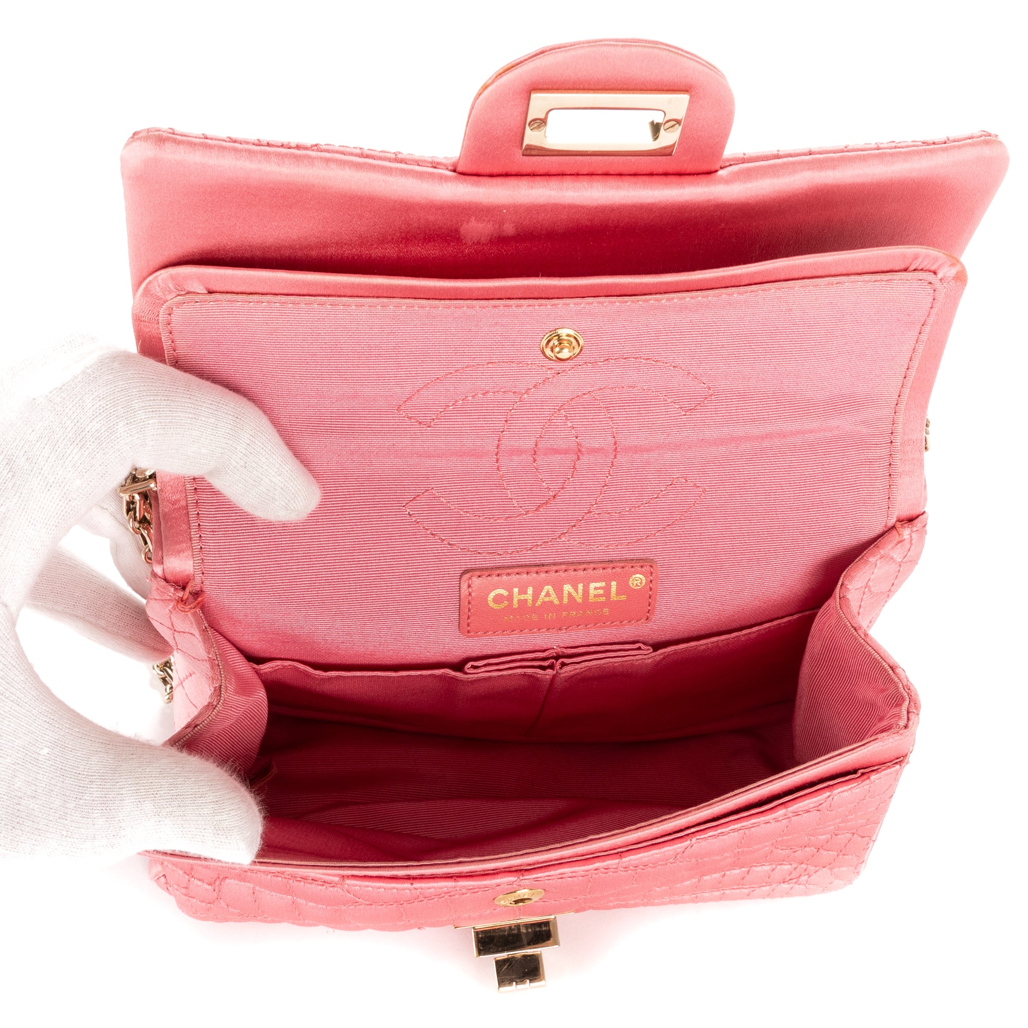 Shoulder Bag Reissue Mini Double Flap Crocodile Satin Pink Satin Croco Quilted