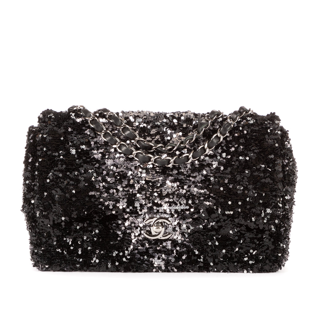 Shoulder Bag Ltd. Ed. Sequins Single Flap 25 Black Sequins Canvas