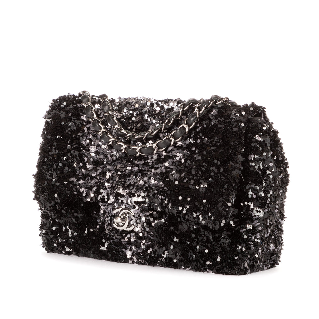 Shoulder Bag Ltd. Ed. Sequins Single Flap 25 Black Sequins Canvas