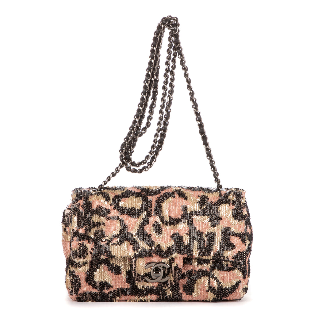 Shoulder Bag Ltd. Ed. Classic Mini Sequins Single Flap 19 Beige Sequins Canvas