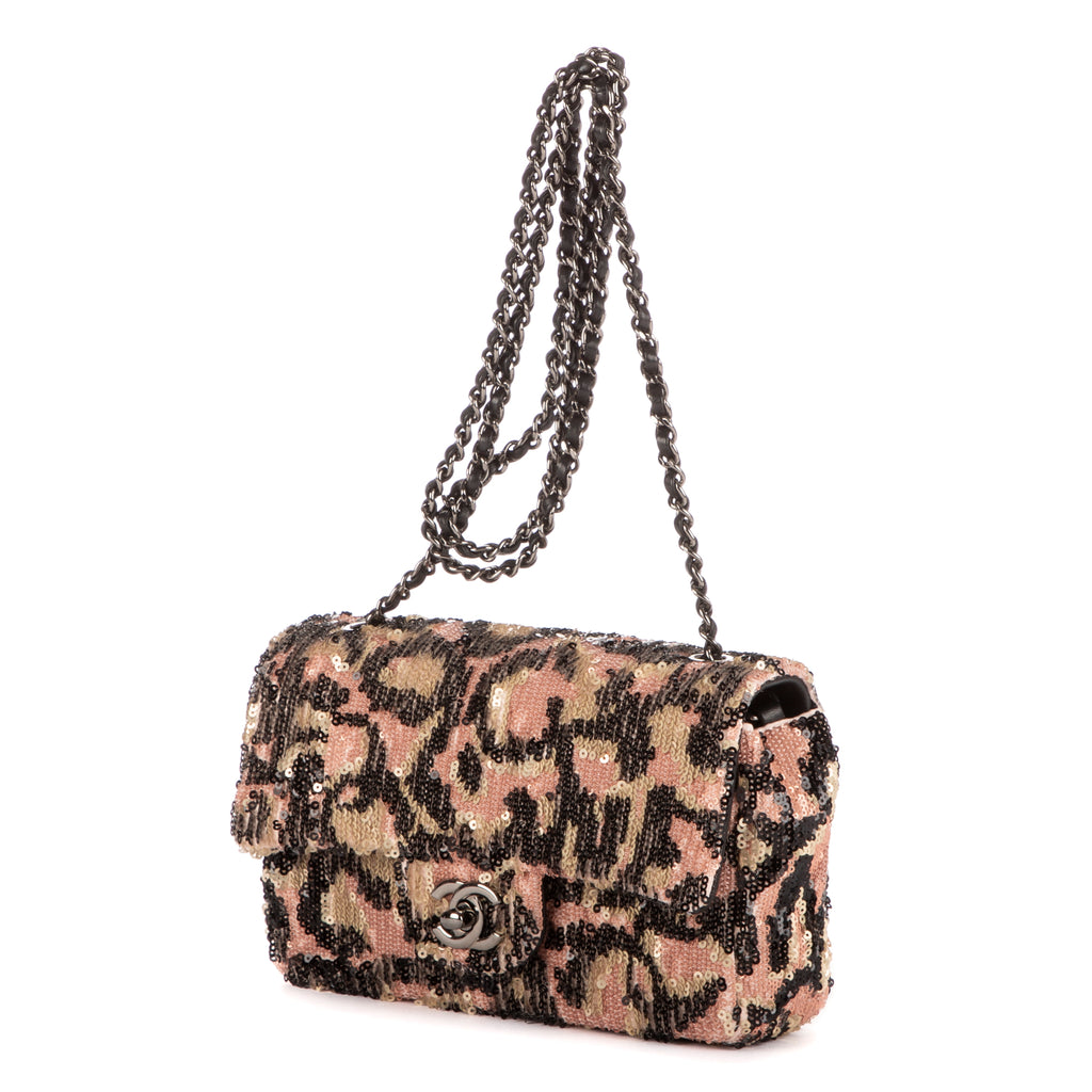 Shoulder Bag Ltd. Ed. Classic Mini Sequins Single Flap 19 Beige Sequins Canvas