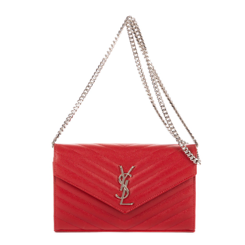Shoulder Bag Wallet on Chain Red Grain de Poudre Chevron Quilted