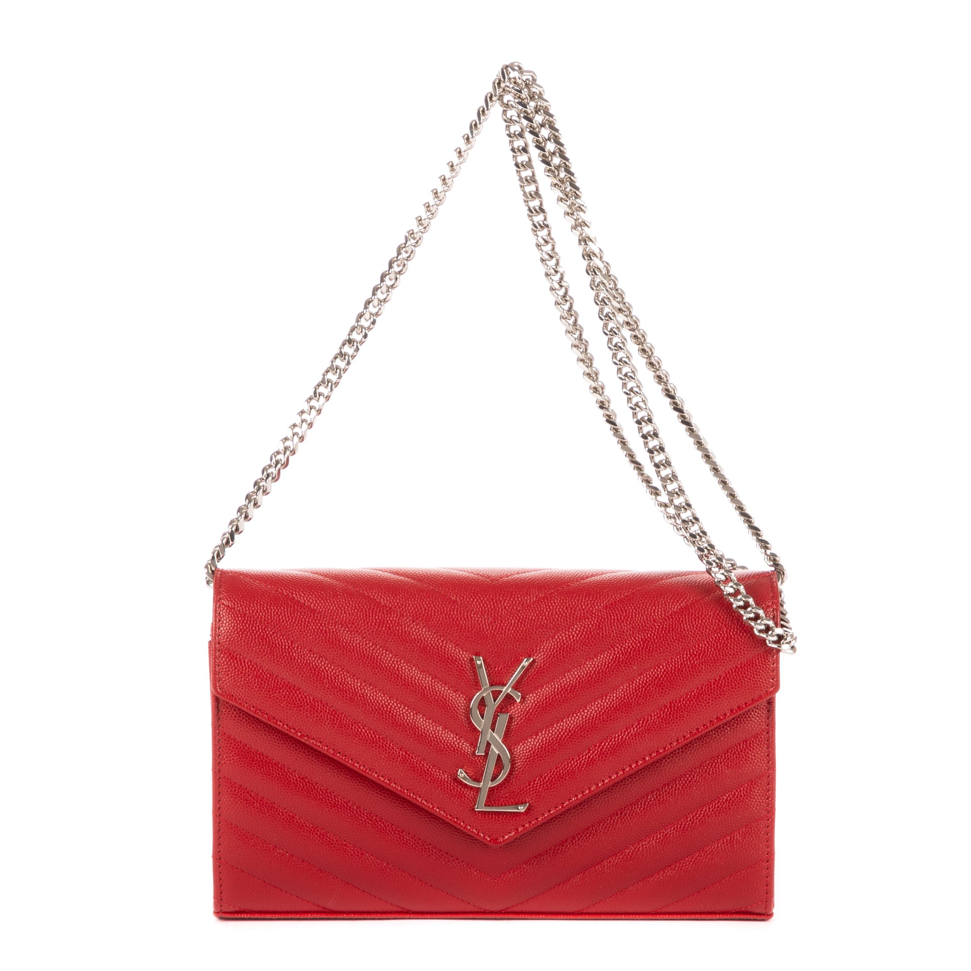 Shoulder Bag Wallet on Chain Red Grain de Poudre Chevron Quilted